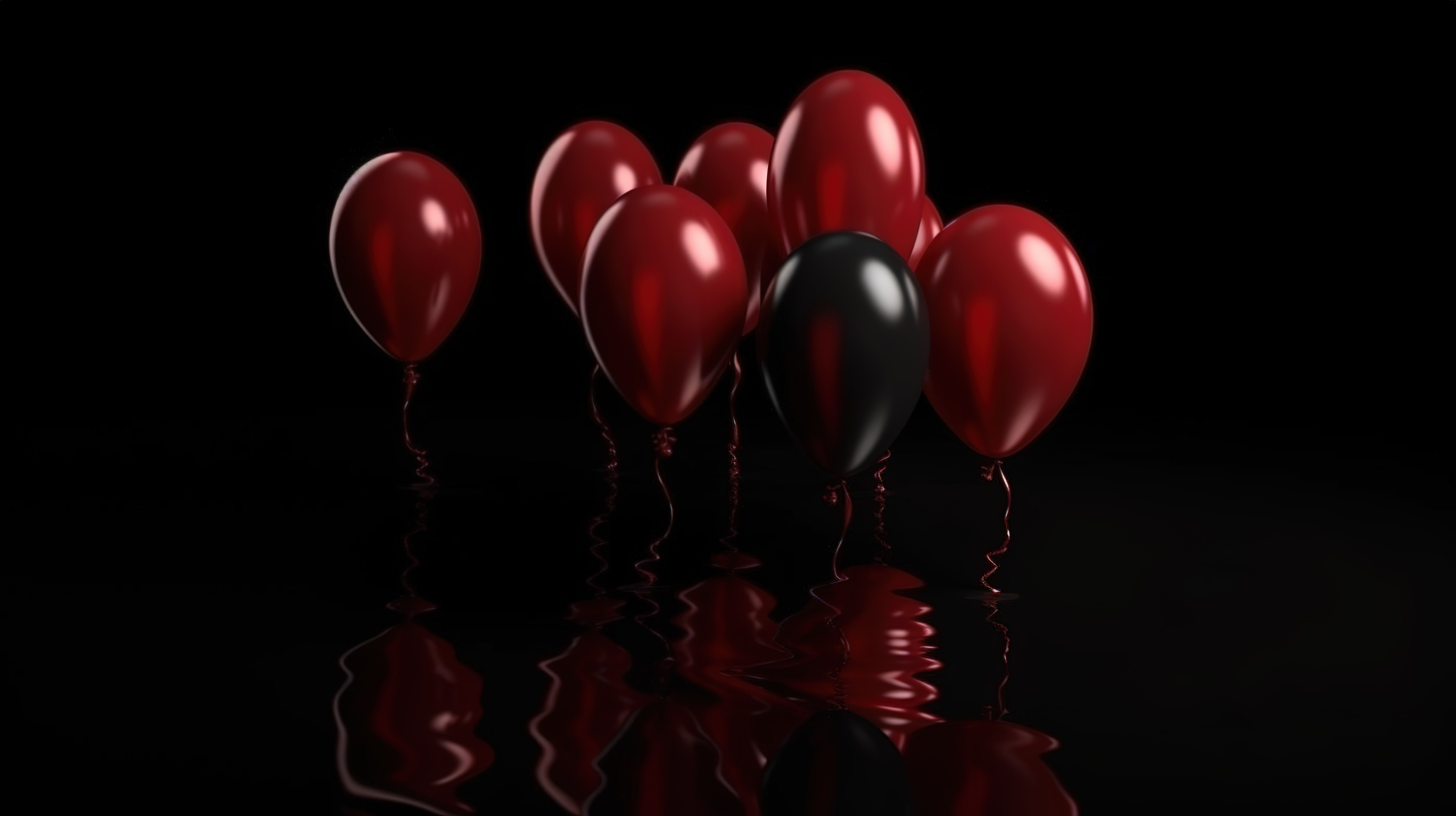 怪诞的万圣节对象概念红色气球悬浮在黑色背景下的 3D 渲染中图片