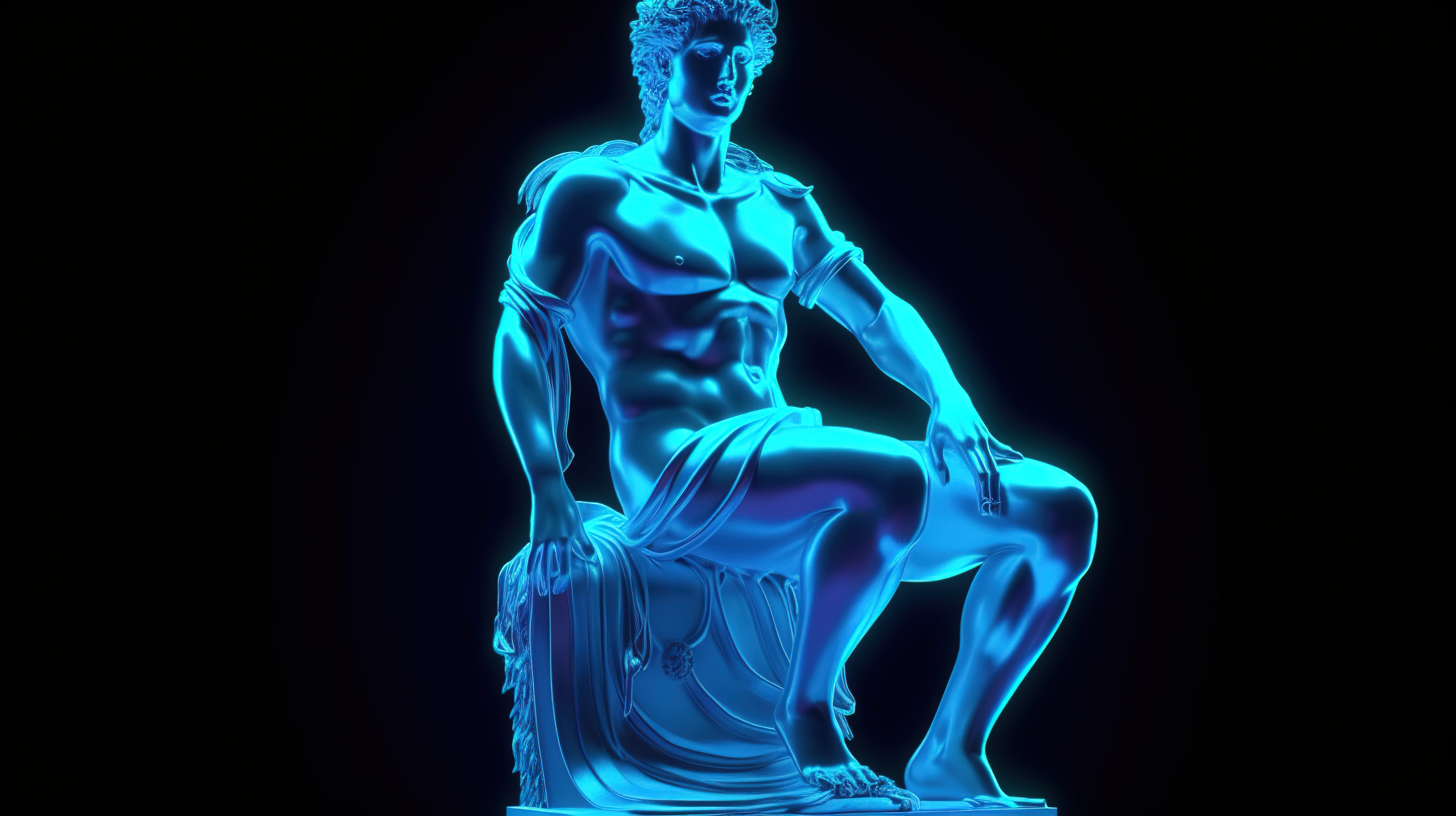 阿波罗观景台雕像在霓虹蓝色闪电 3d 渲染中发光图片