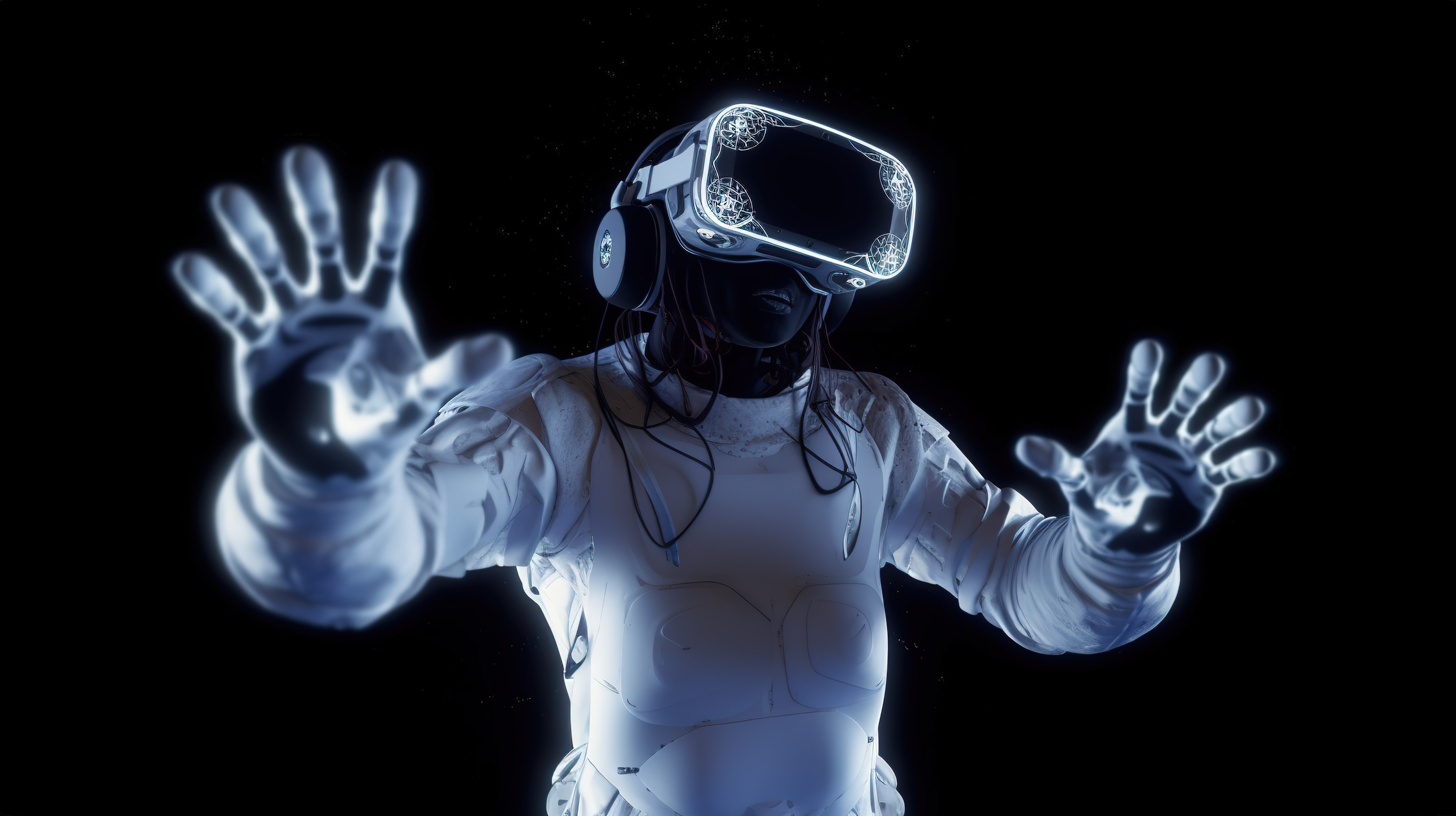VR 眼镜和控制器 3D 渲染中的零重力增强现实角色图片