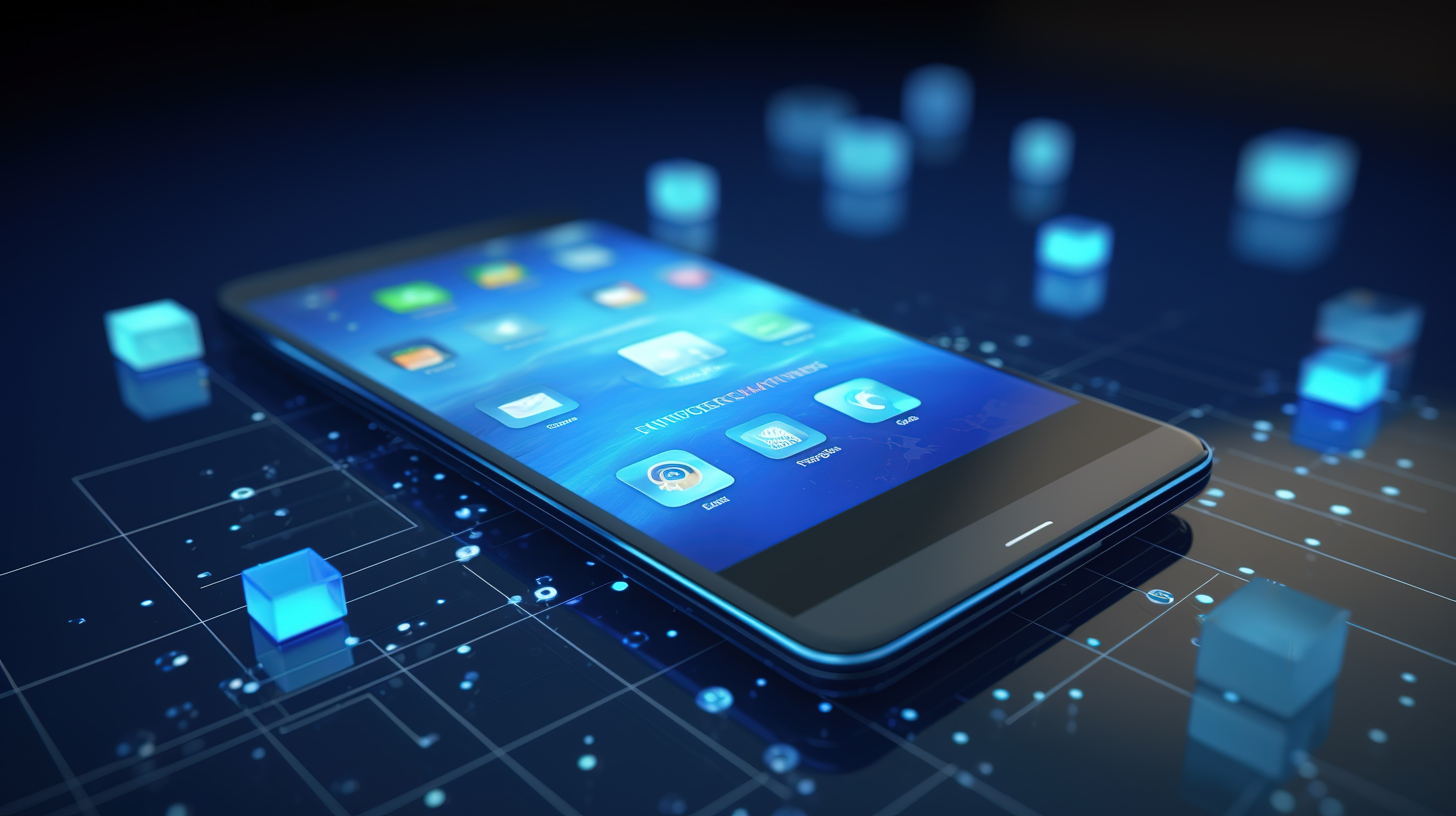 渲染蓝色背景与 3D 智能手机应用程序的概念图片