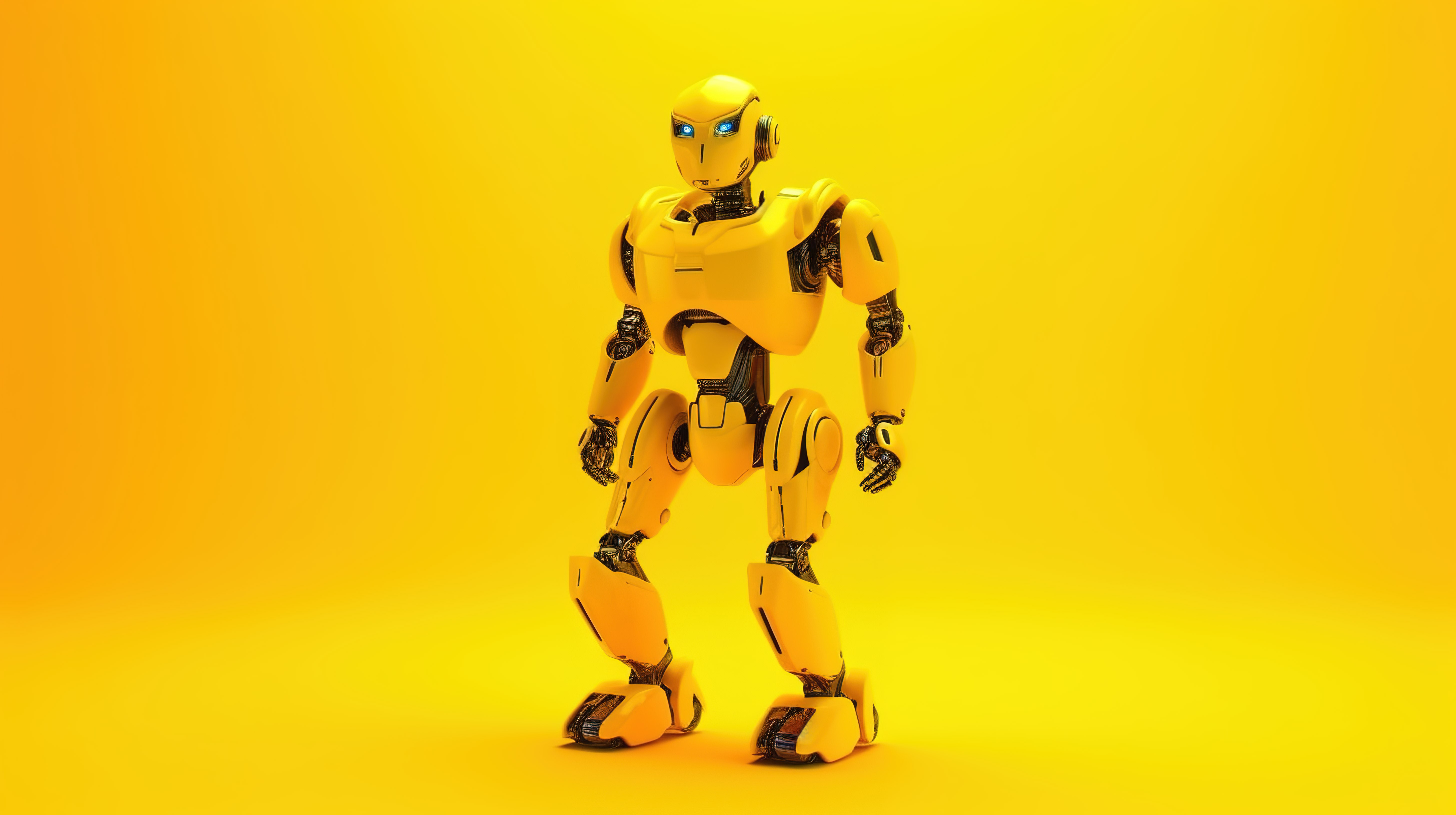 黄色背景照亮 3d 渲染中的单色调霓虹灯 ai 机器人图片