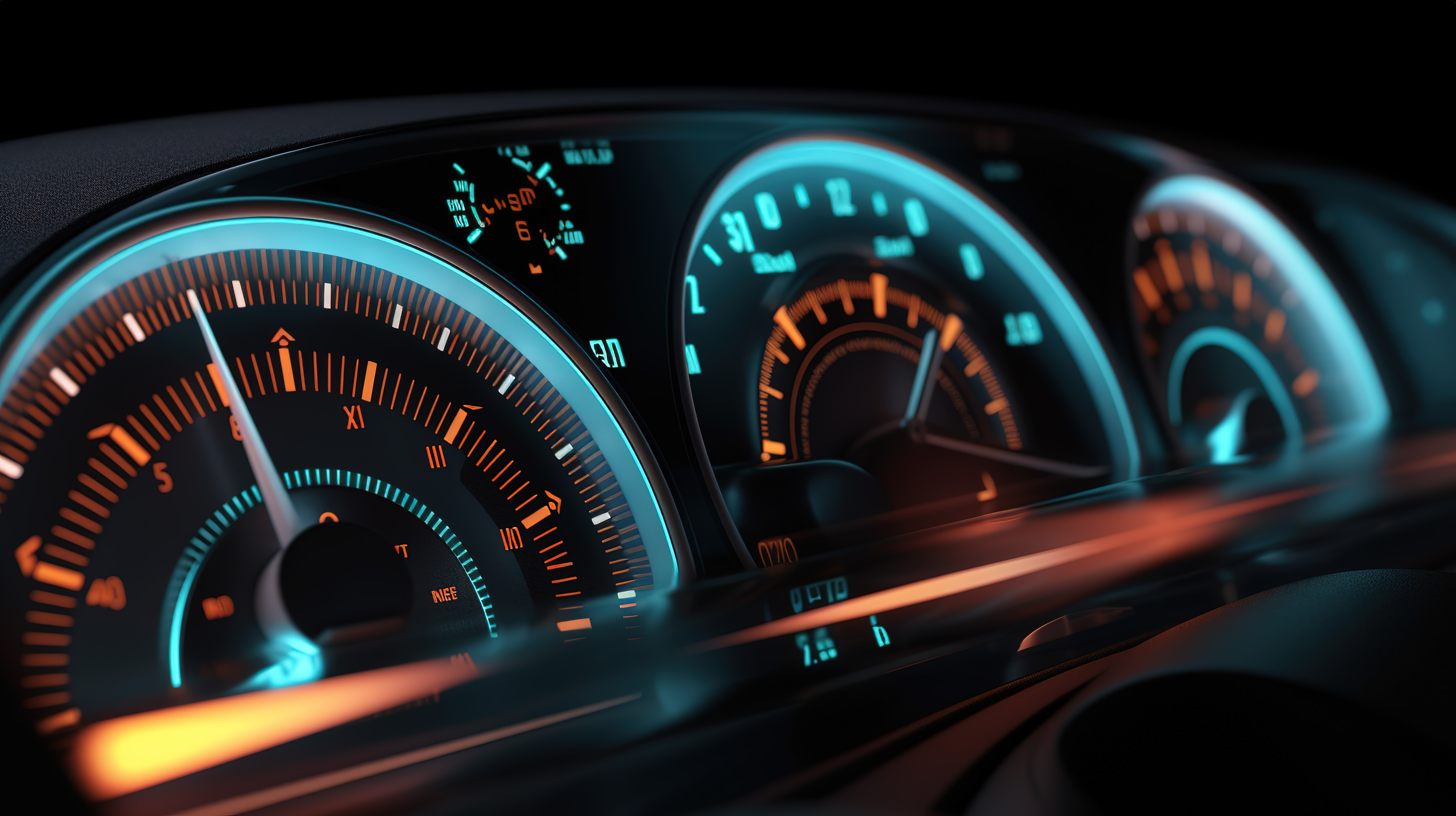关闭汽车仪表板的 3D 插图，配有里程表车速表和转速表图片