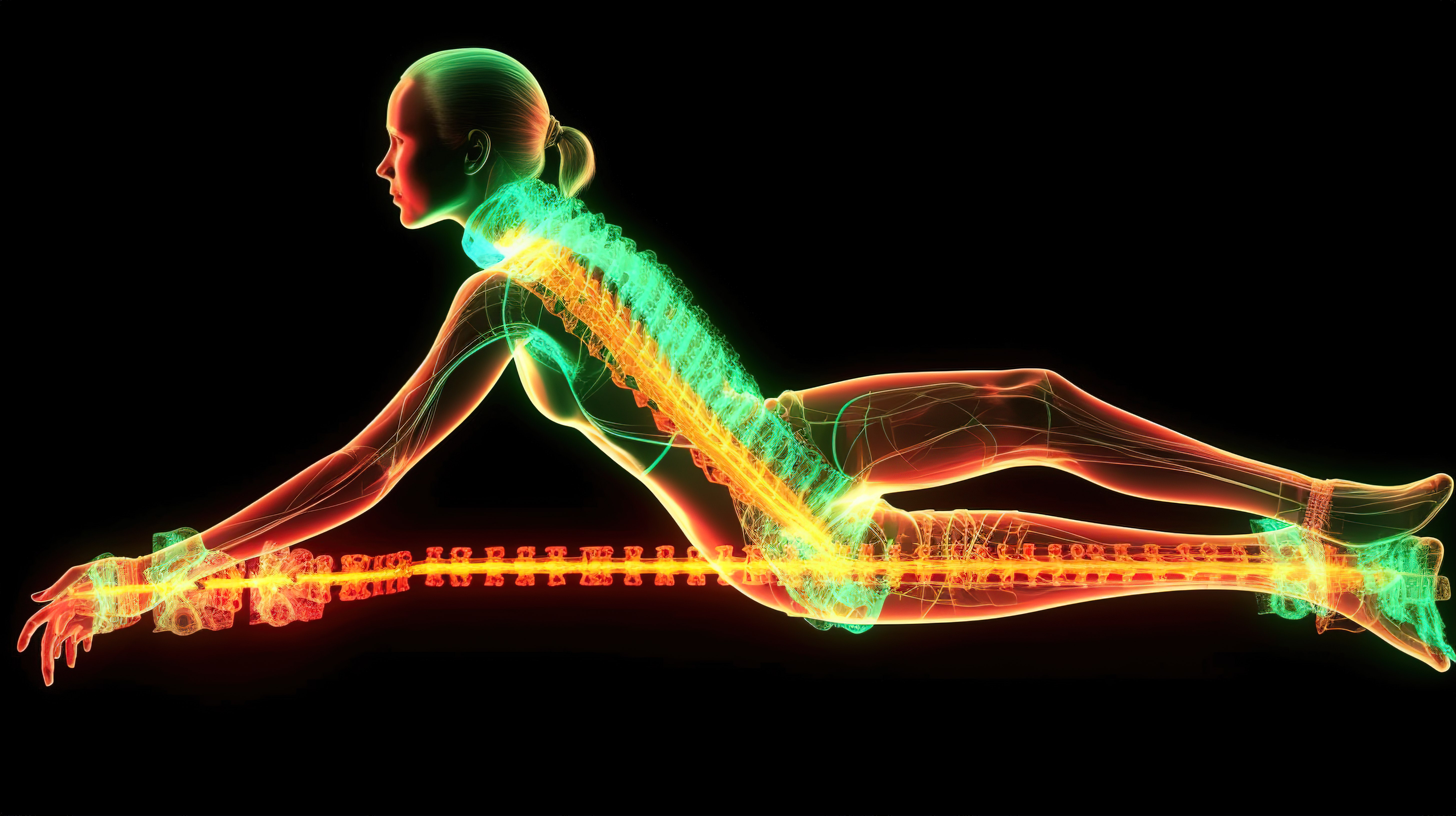 女性医学人物的创新 3D 渲染，以突出的脊柱进行瑜伽劈叉图片