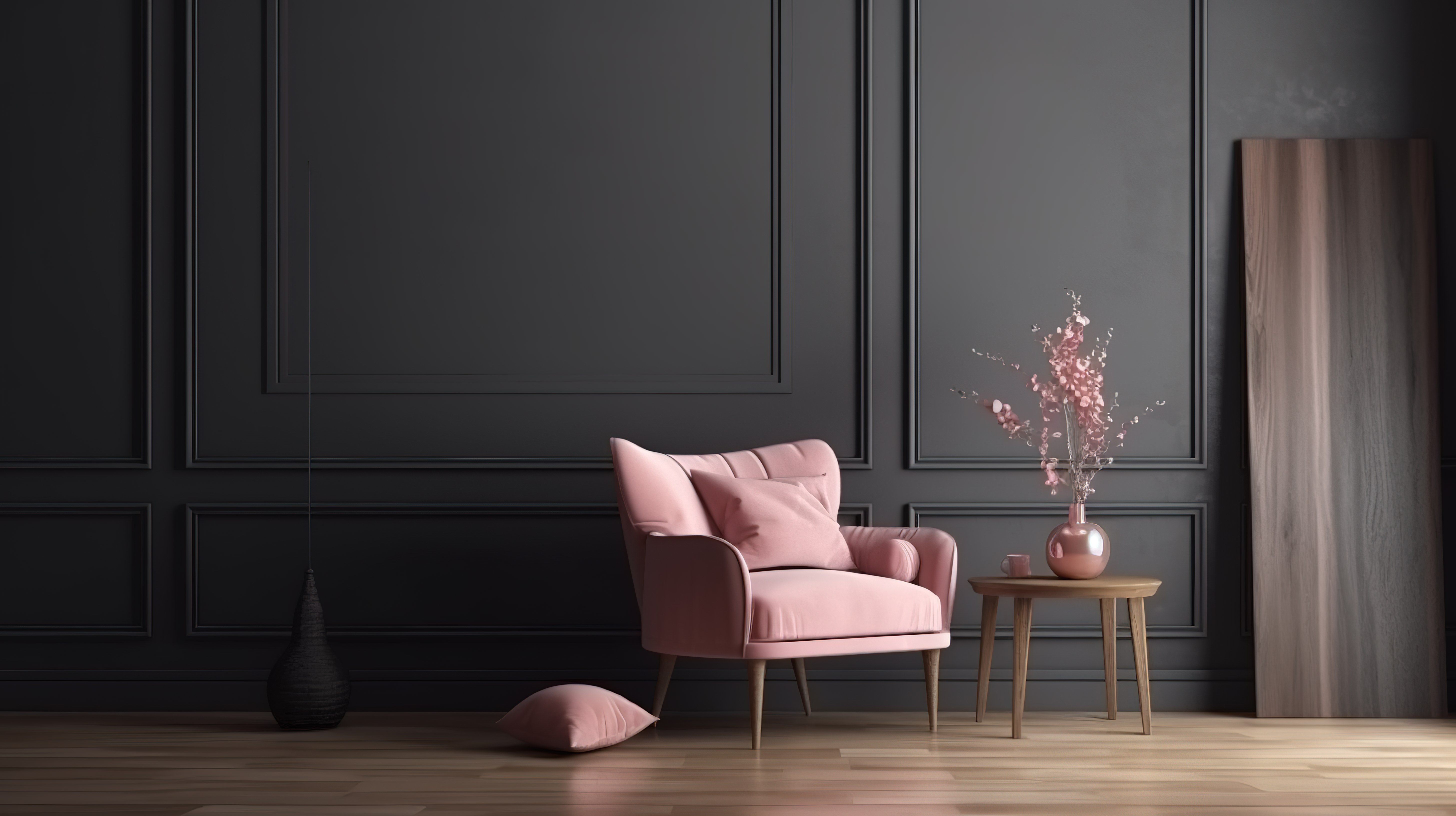 美学 3D 室内场景放松扶手椅，配有粉红色垫子和木纹墙图片