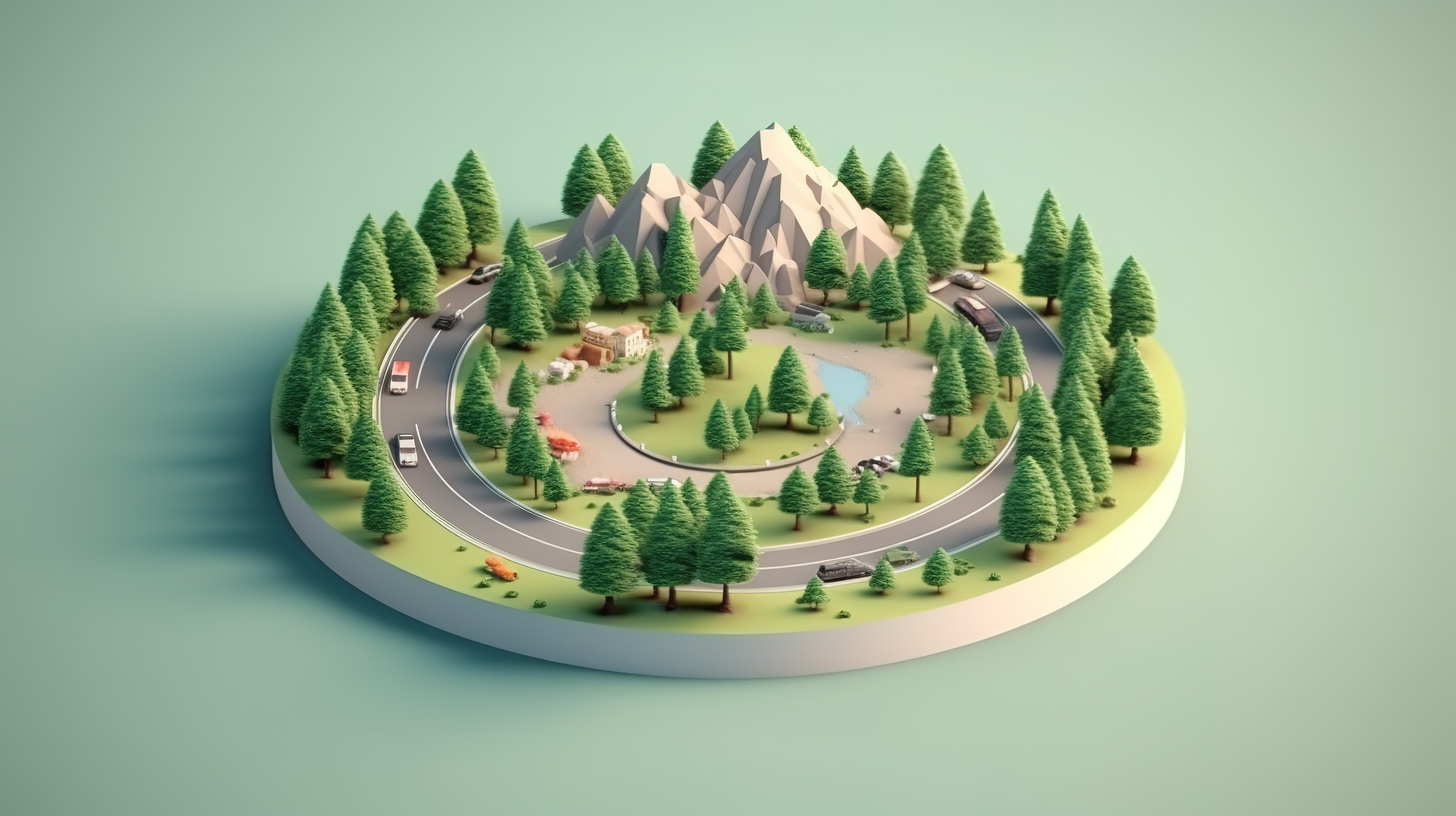 等距天堂圆形景观的 3D 图像，有宁静的道路树木翠绿的草地和雄伟的山脉图片