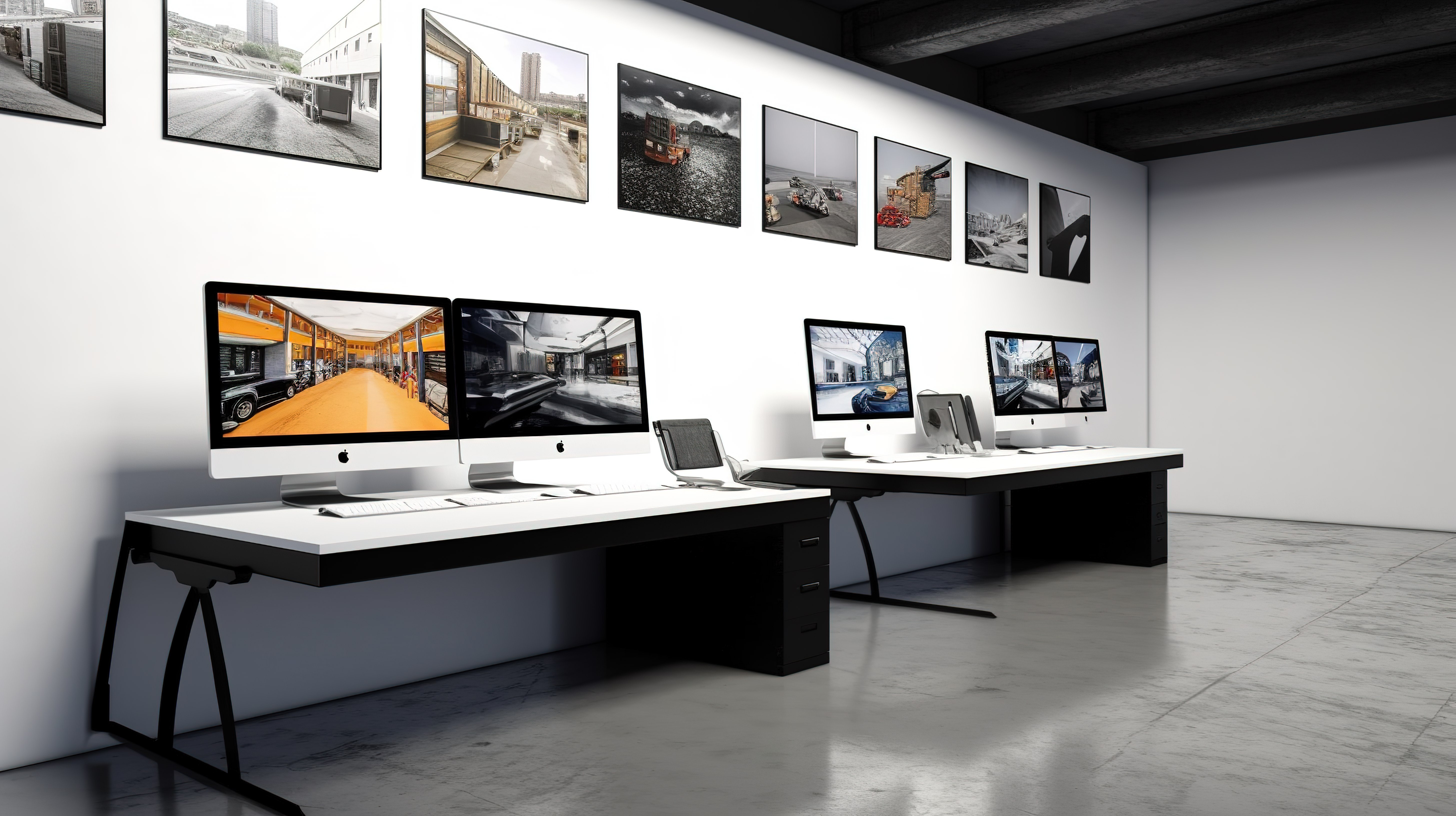 在 3d 渲染的工业工作区中显示照片组合的计算机屏幕图片