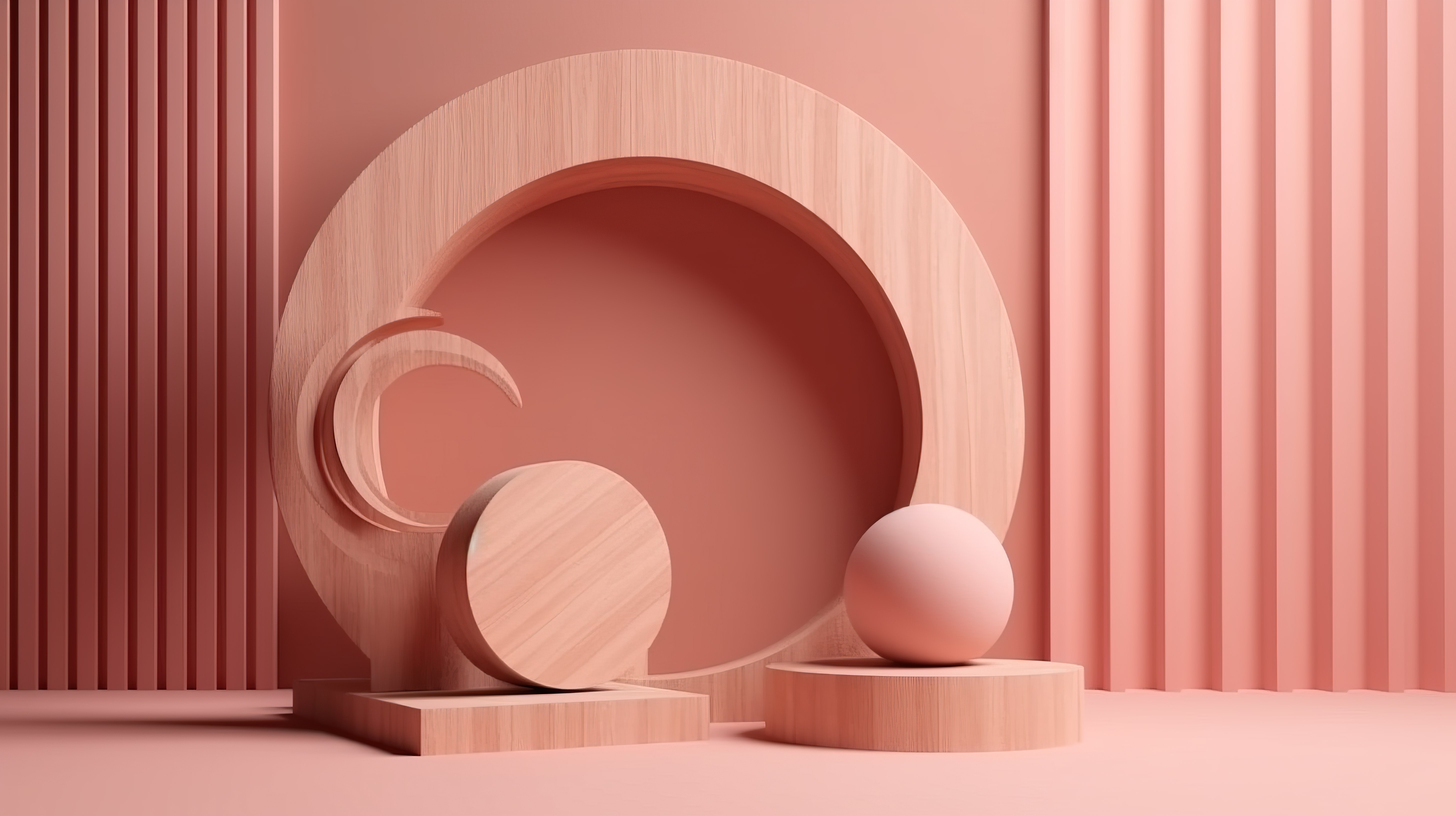 粉红色背景下 3D 渲染抽象场景中的简约几何木质讲台图片