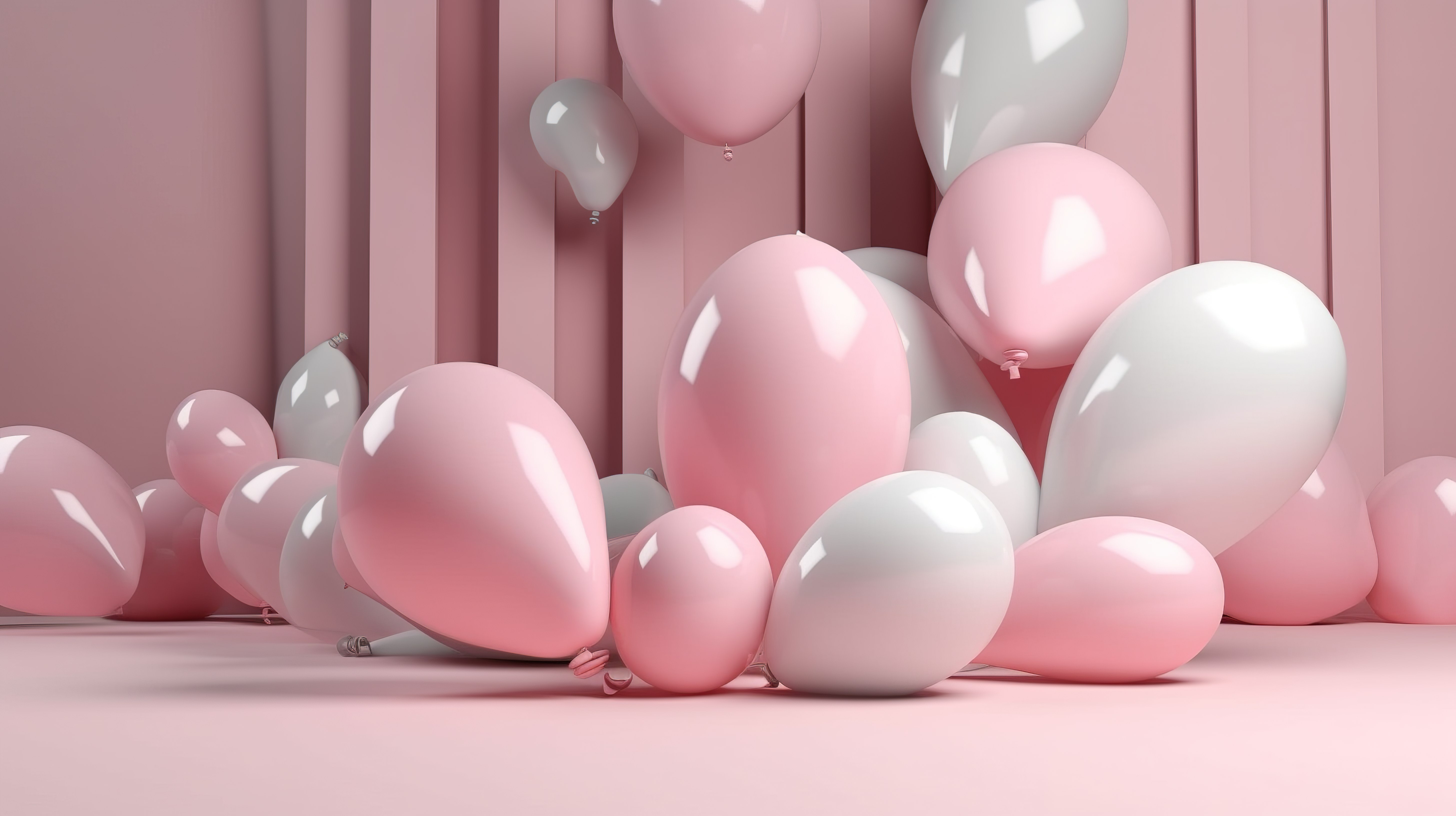 3d 漂浮状态下的粉色和白色气球图片