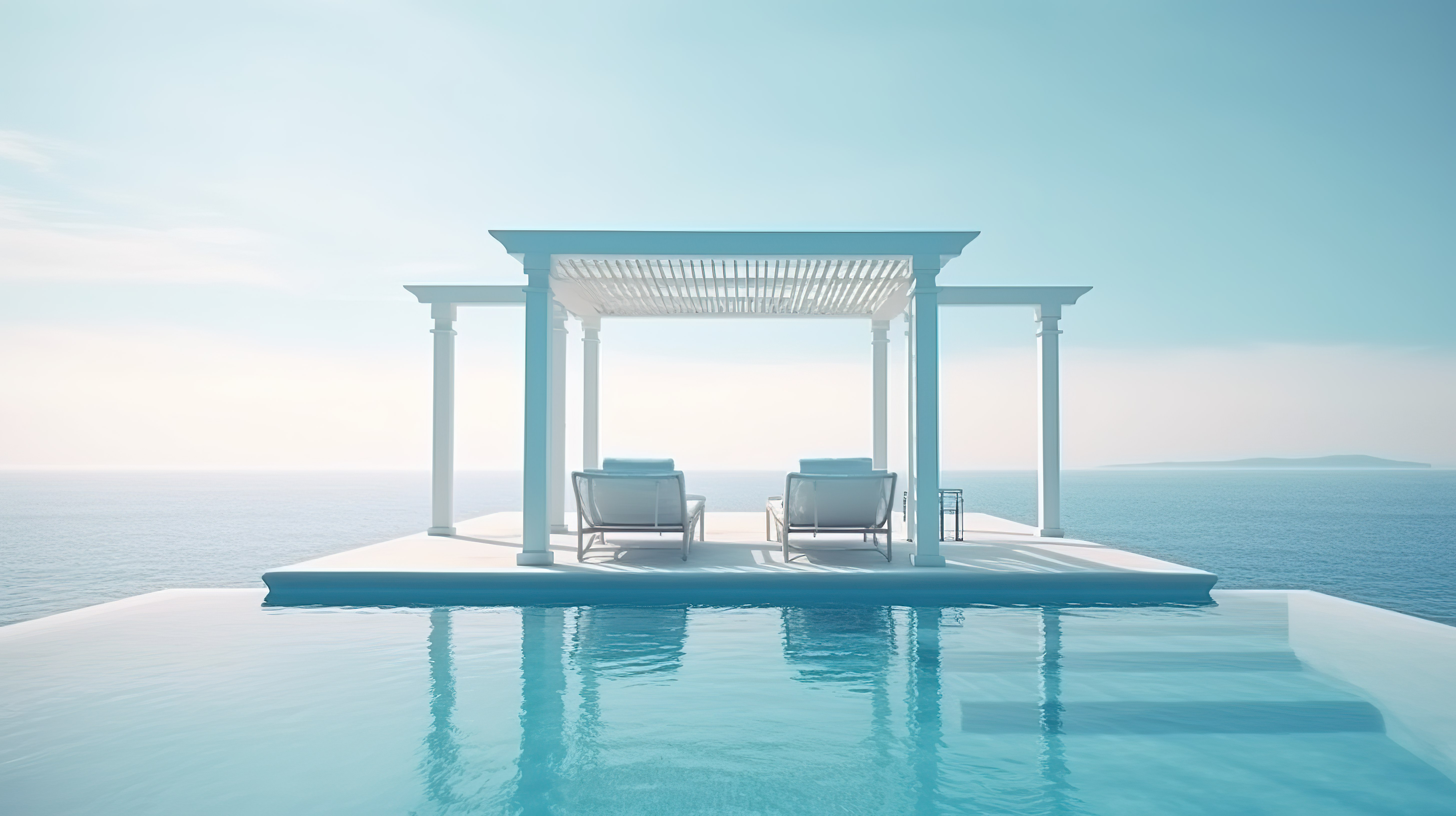 豪华泳池别墅，配有令人惊叹的沙滩椅和户外休息区 3D 渲染夏季蓝海和天空图片