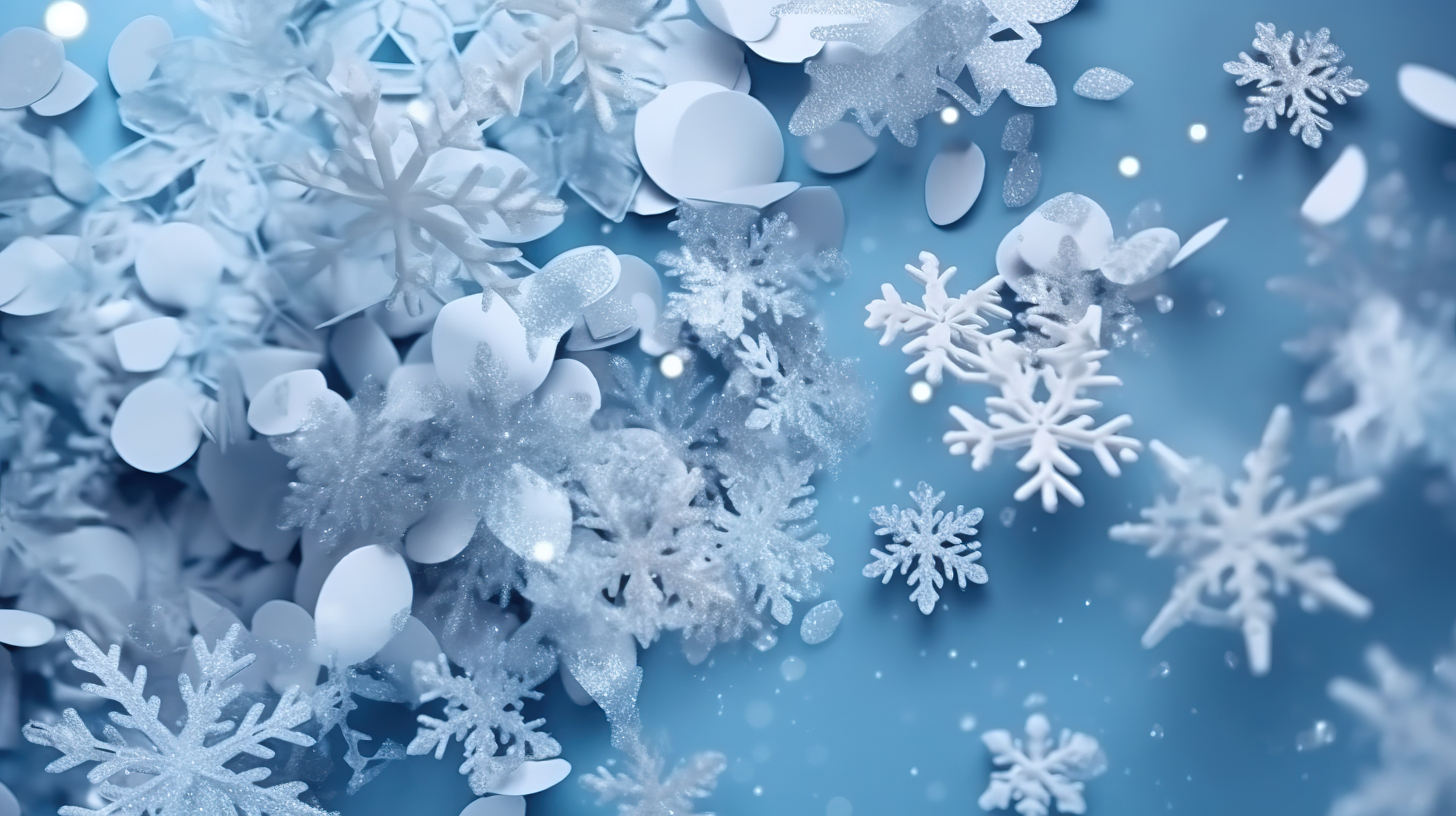 下雪的冬季仙境蓝色背景与 3d 飘落的圣诞雪花和节日装饰品图片