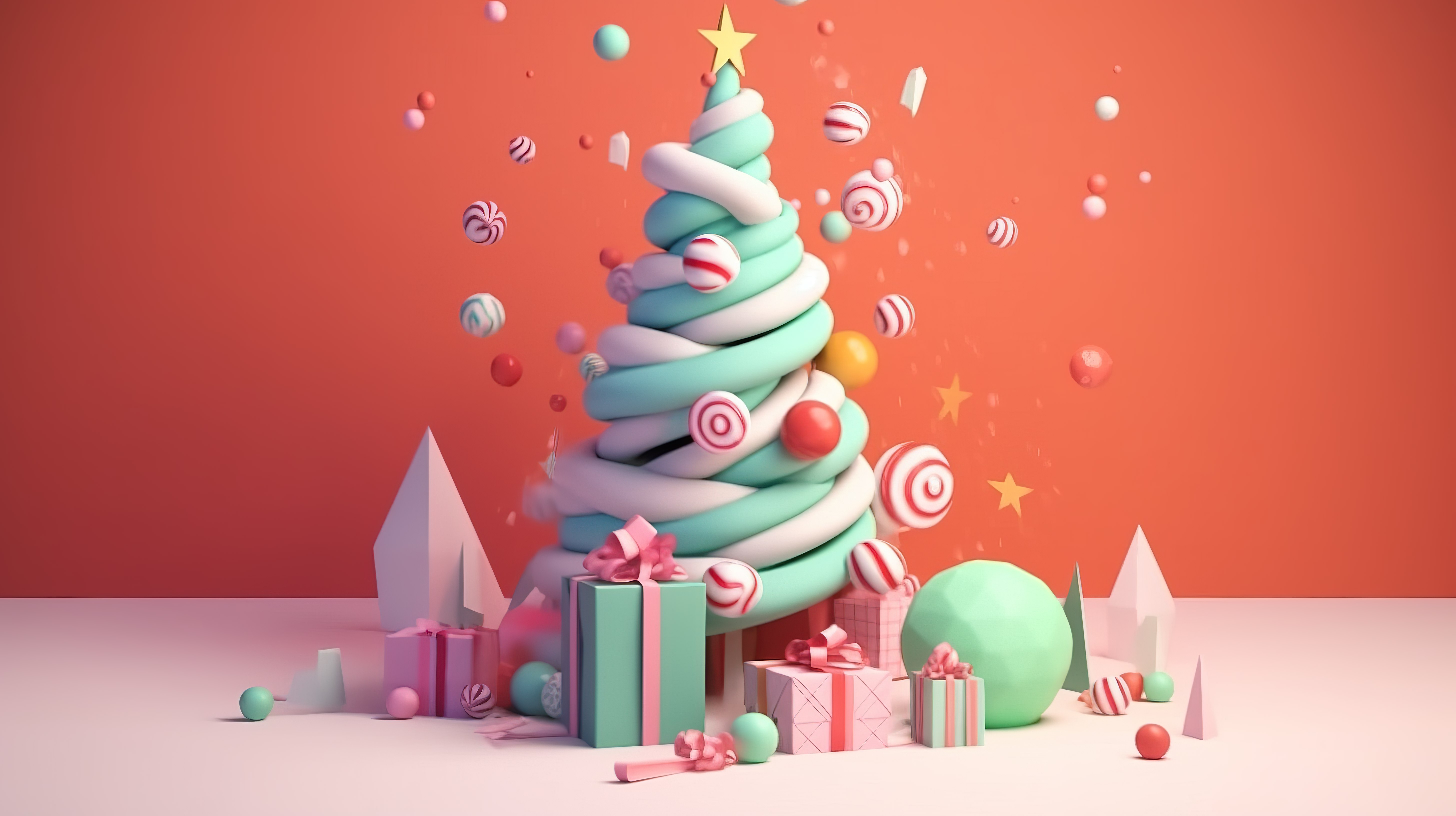 可爱的卡通圣诞树 3D 渲染与礼品饰品和糖果图片