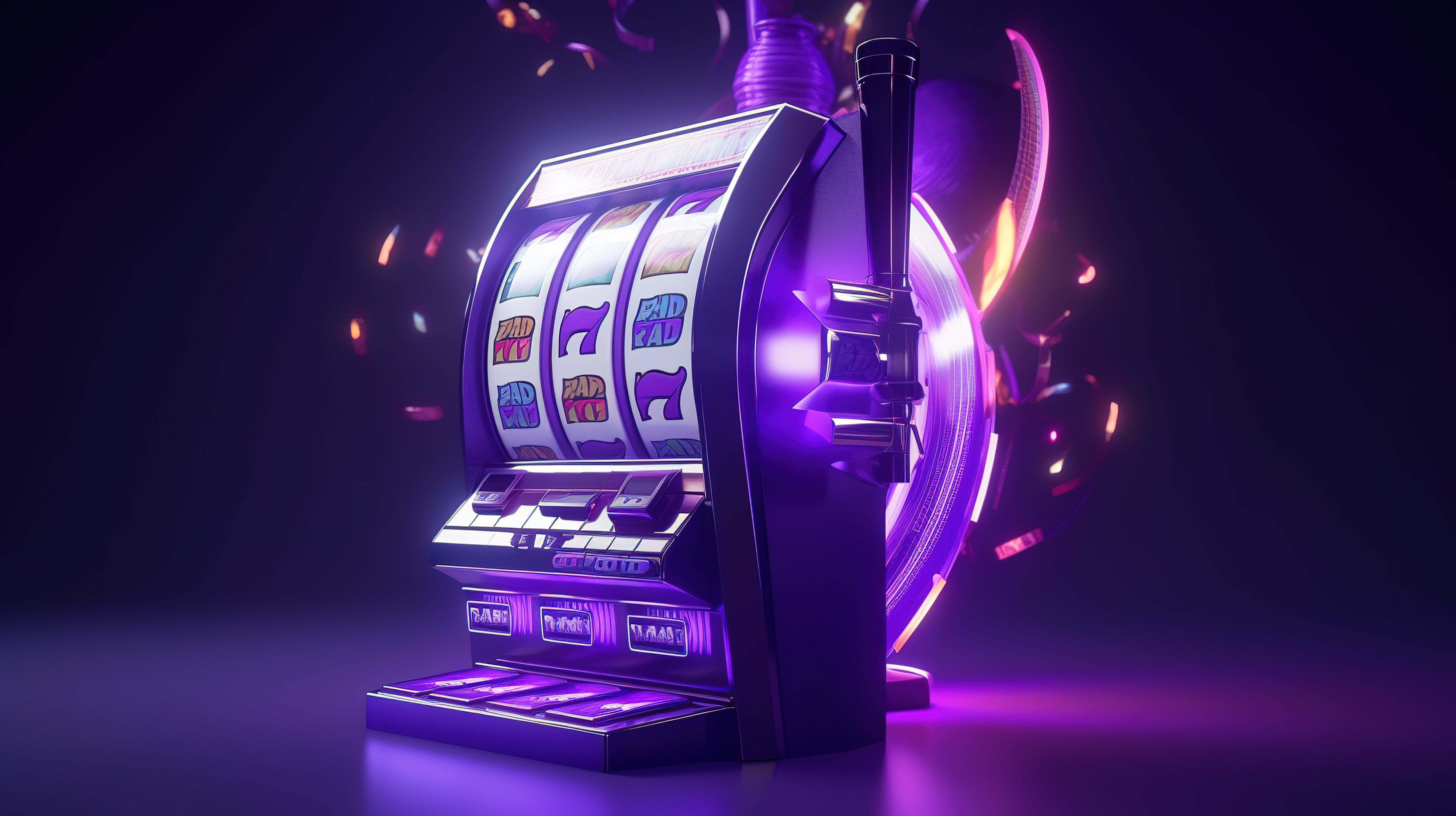 在紫色背景上设计带有免费旋转芯片的 3d 老虎机优惠券来描绘赌博概念图片