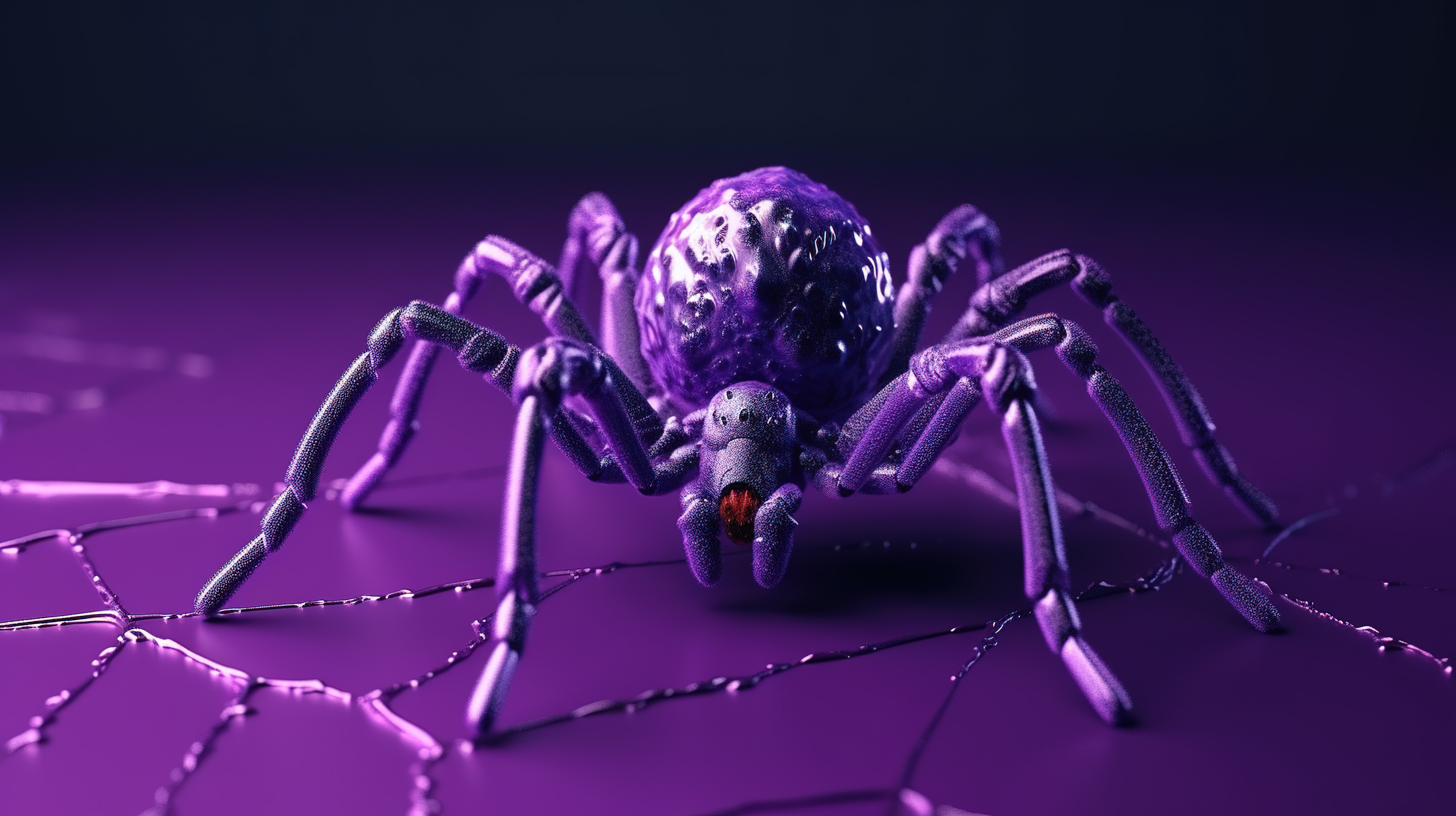 怪异的万圣节装饰紫色蜘蛛以 3D 像素风格编织网图片