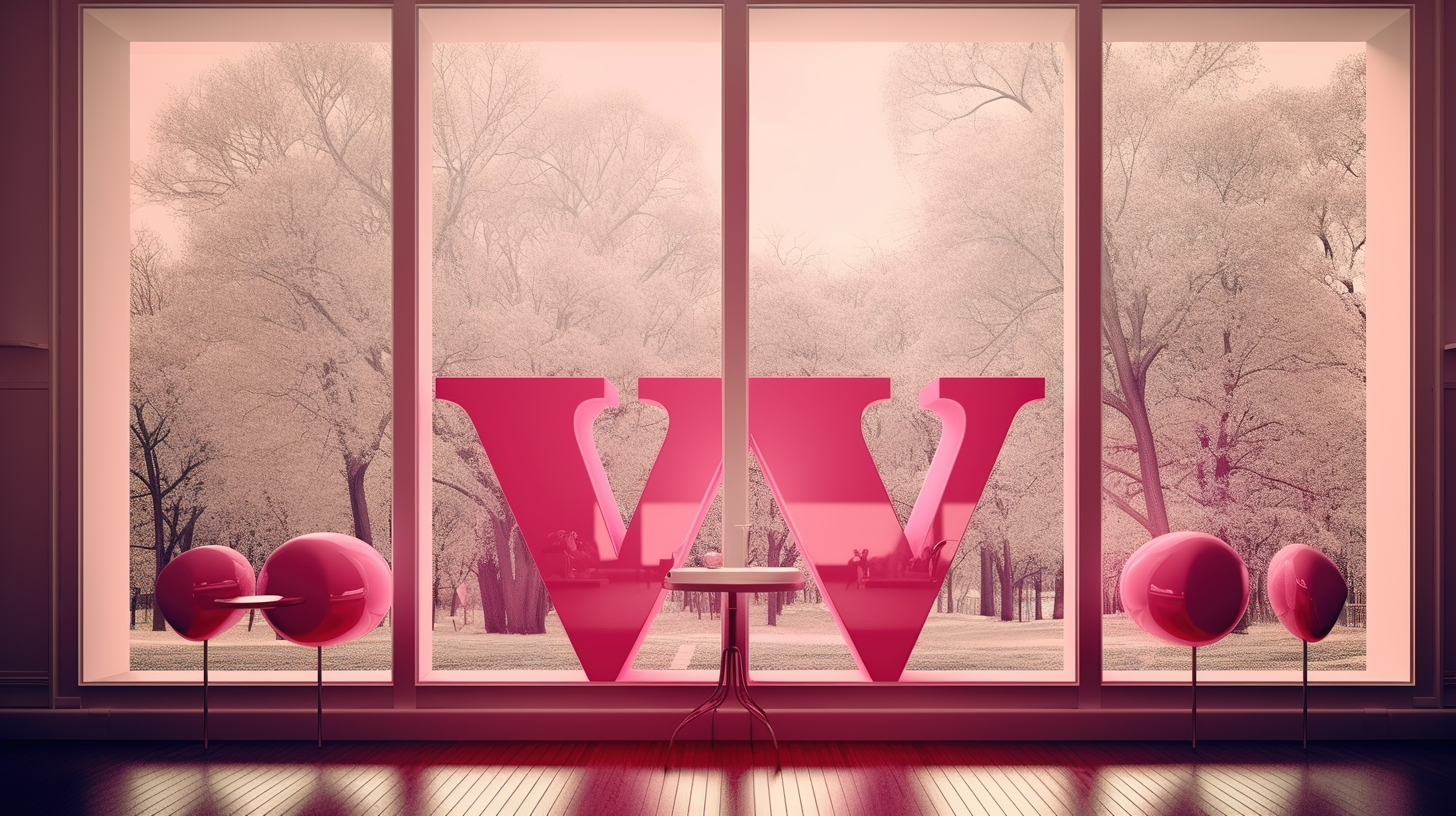 情人节快乐 3d 粉红色字母靠在花园背靠的窗户上，给家里带来欢乐图片