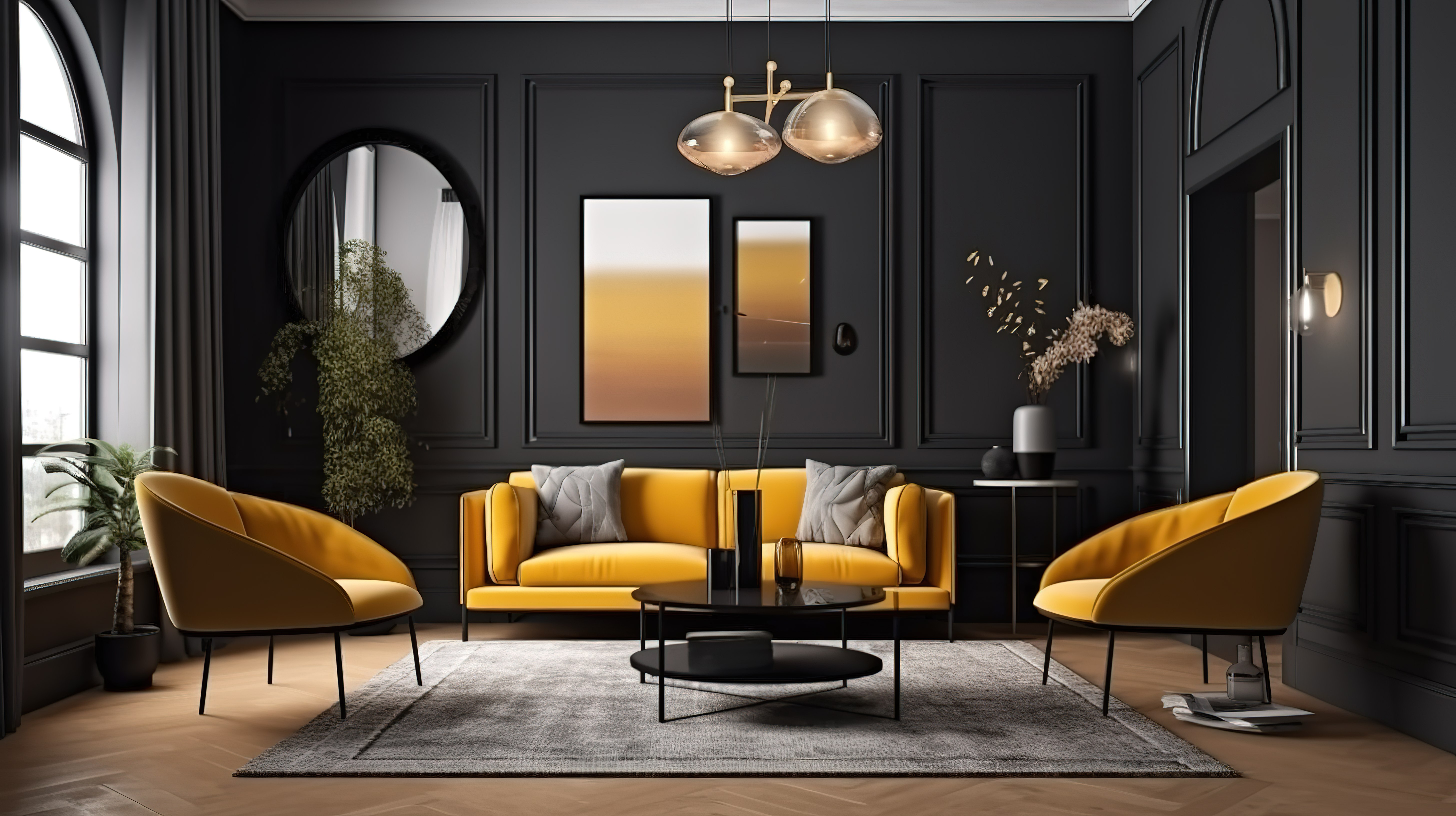 豪华客厅内部与现代沙发和扶手椅的 3D 渲染和框架模型图片
