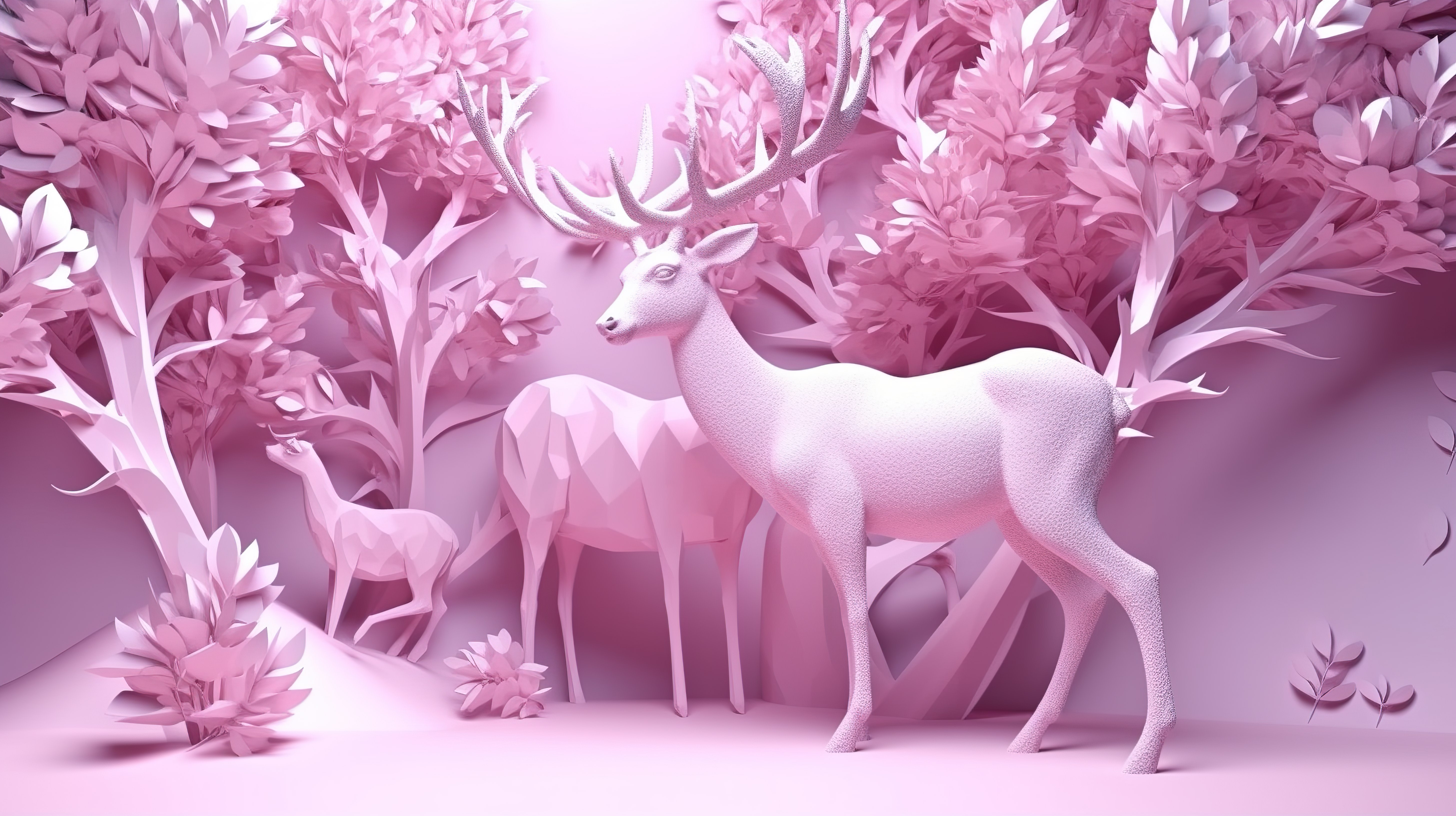 喜庆的 3D 圣诞鹿和雪花，冬季紫粉色组合，非常适合新年图片