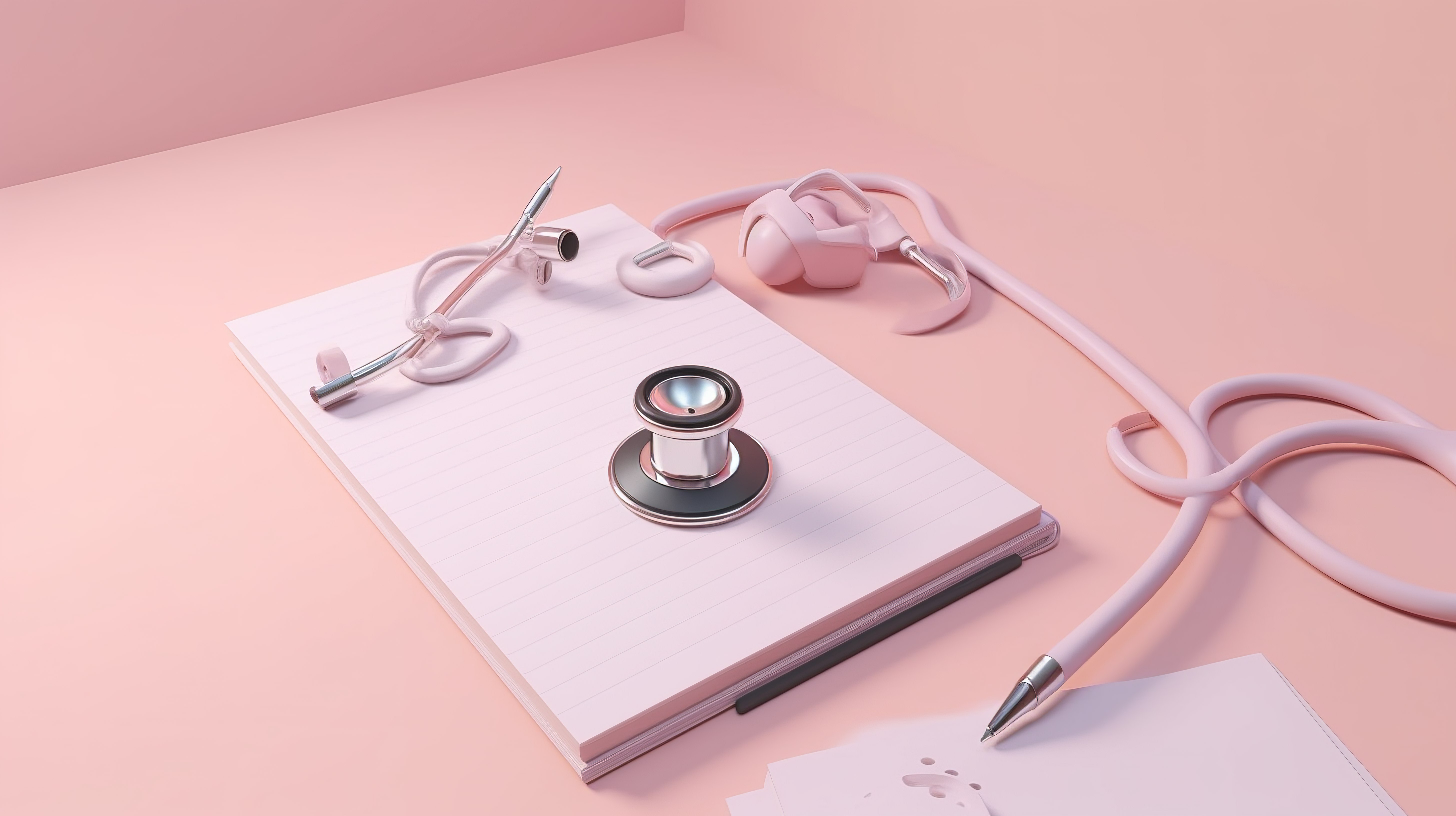 医生的听诊笔和记事本在柔和的粉红色背景下进行 3D 渲染图片