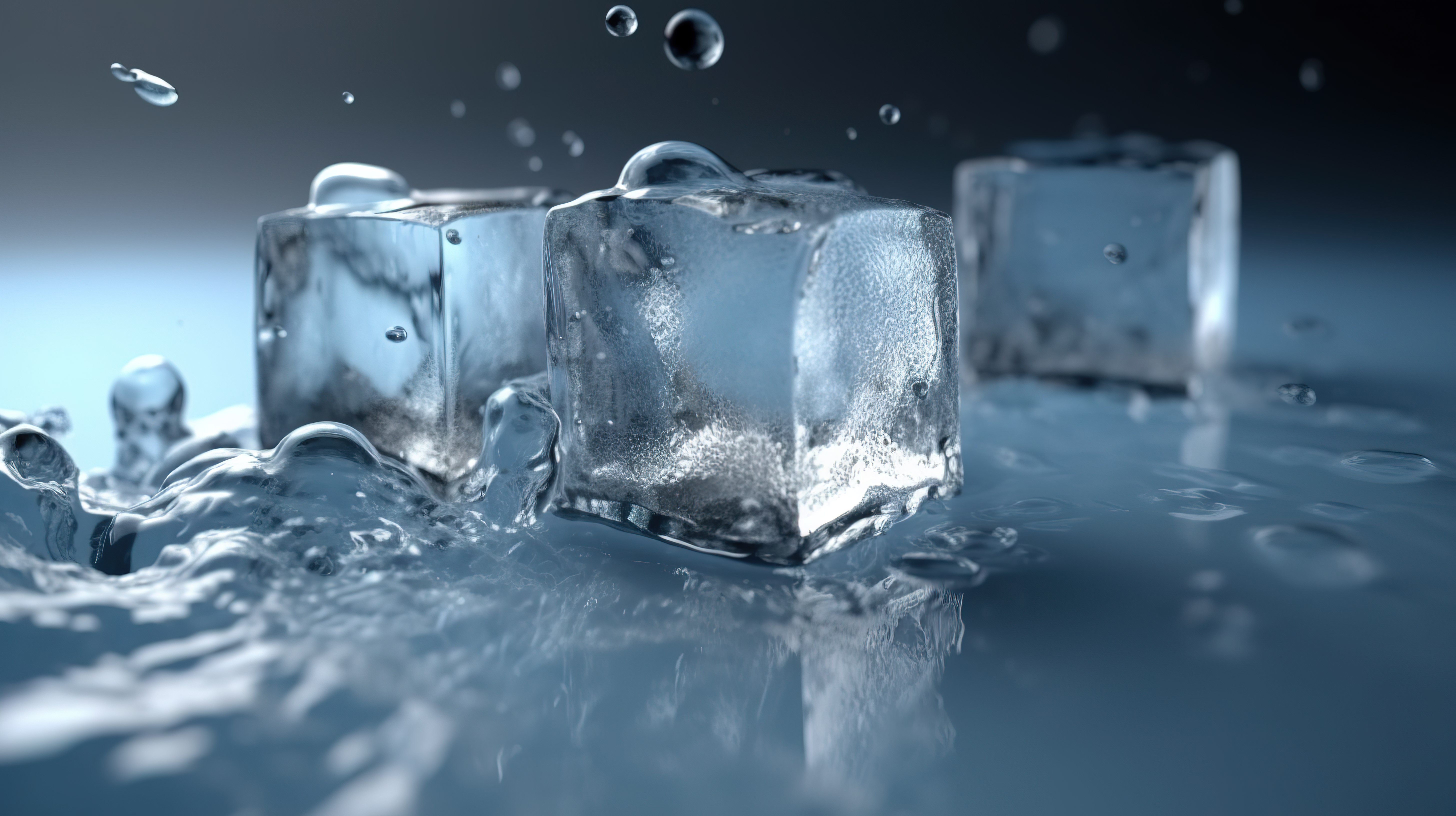 由纯水融化制成的冰块的慢动作 3d 渲染图片