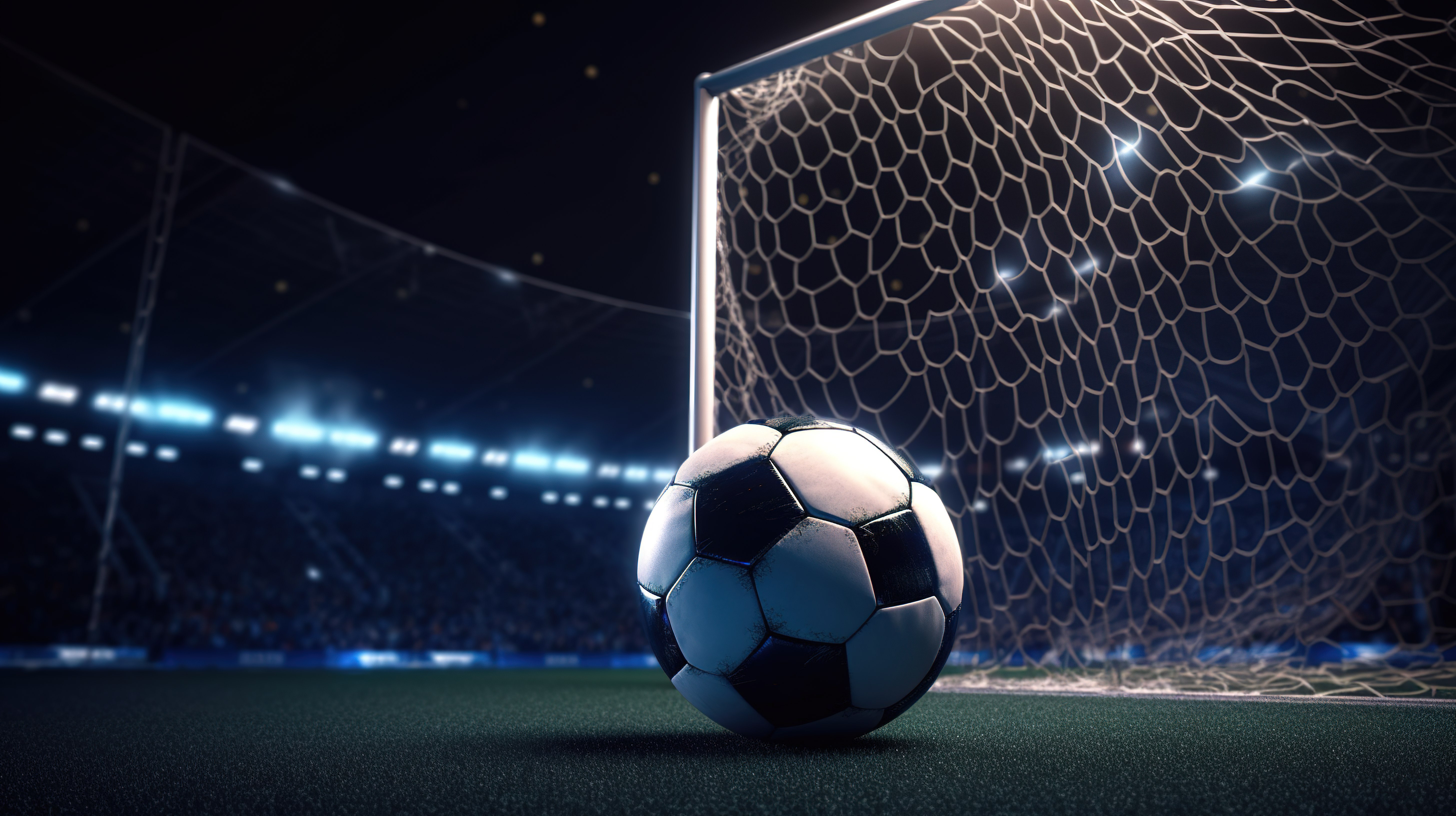 目标实现了 3d 渲染的足球得分在球场灯光照亮的网中图片