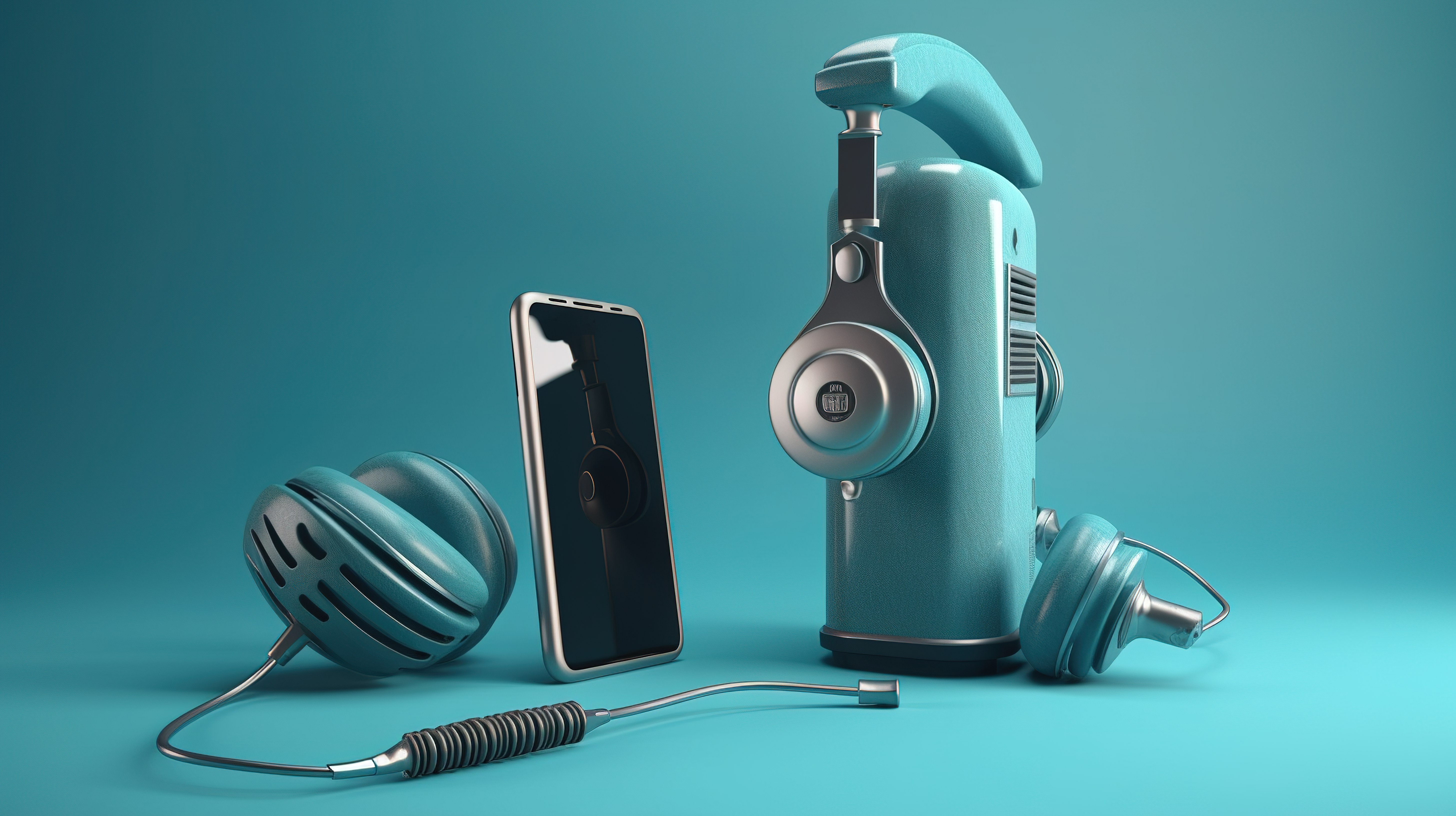 复古麦克风和耳机，带智能手机，蓝色背景 3D 插图图片