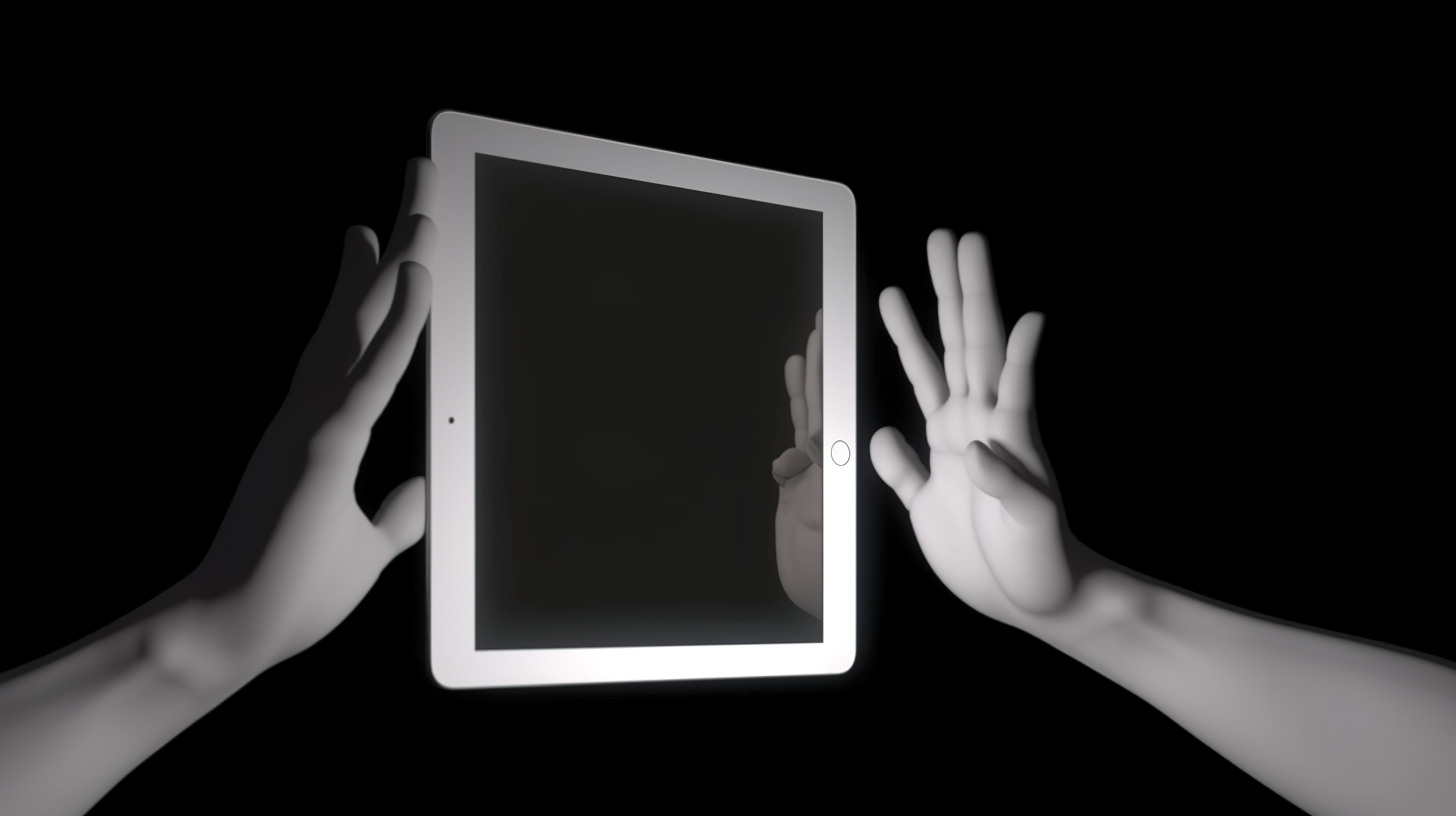 3D 动画手在纵向模式下握住平板电脑，而另一只手则点击屏幕中心图片