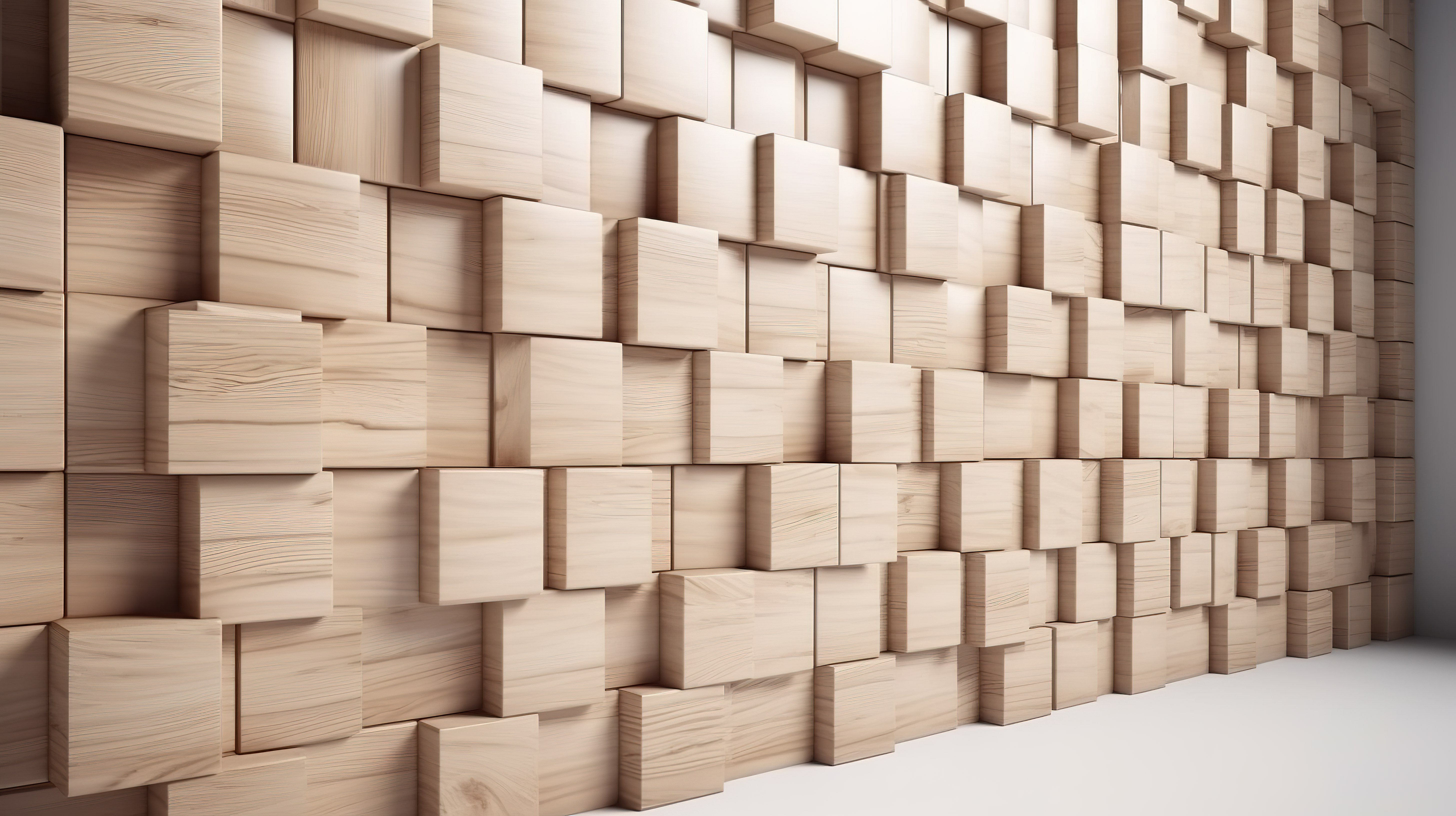 现代浅棕色木板设计在白色小方形瓷砖墙背景上的 3D 渲染图片
