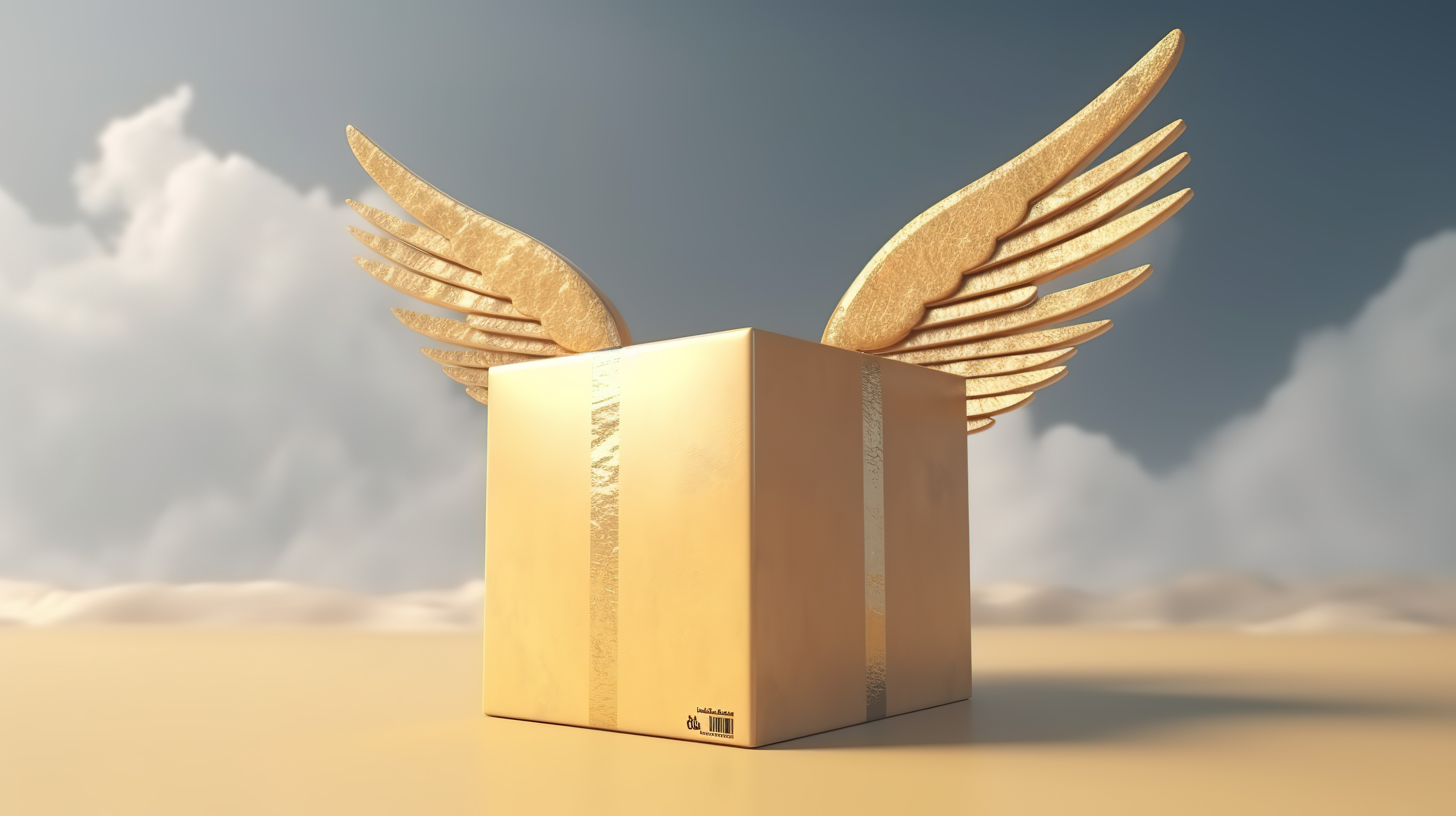 一个 3d 盒子的插图，它的翅膀在空中翱翔，描绘了商业运输和交付图片