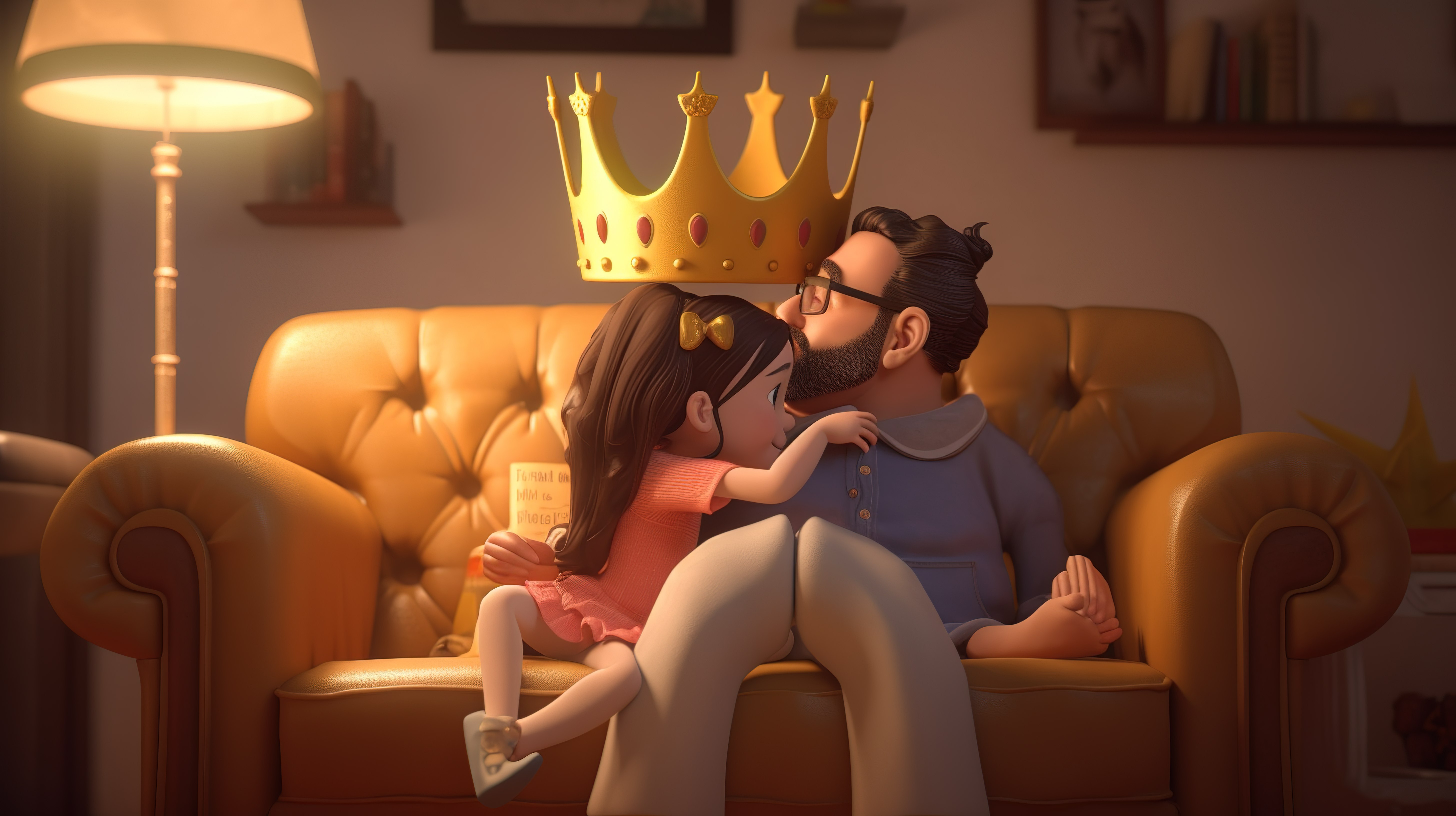 父亲很惊讶，因为他的女儿在沙发上的 3D 插图中戴着皇冠图片