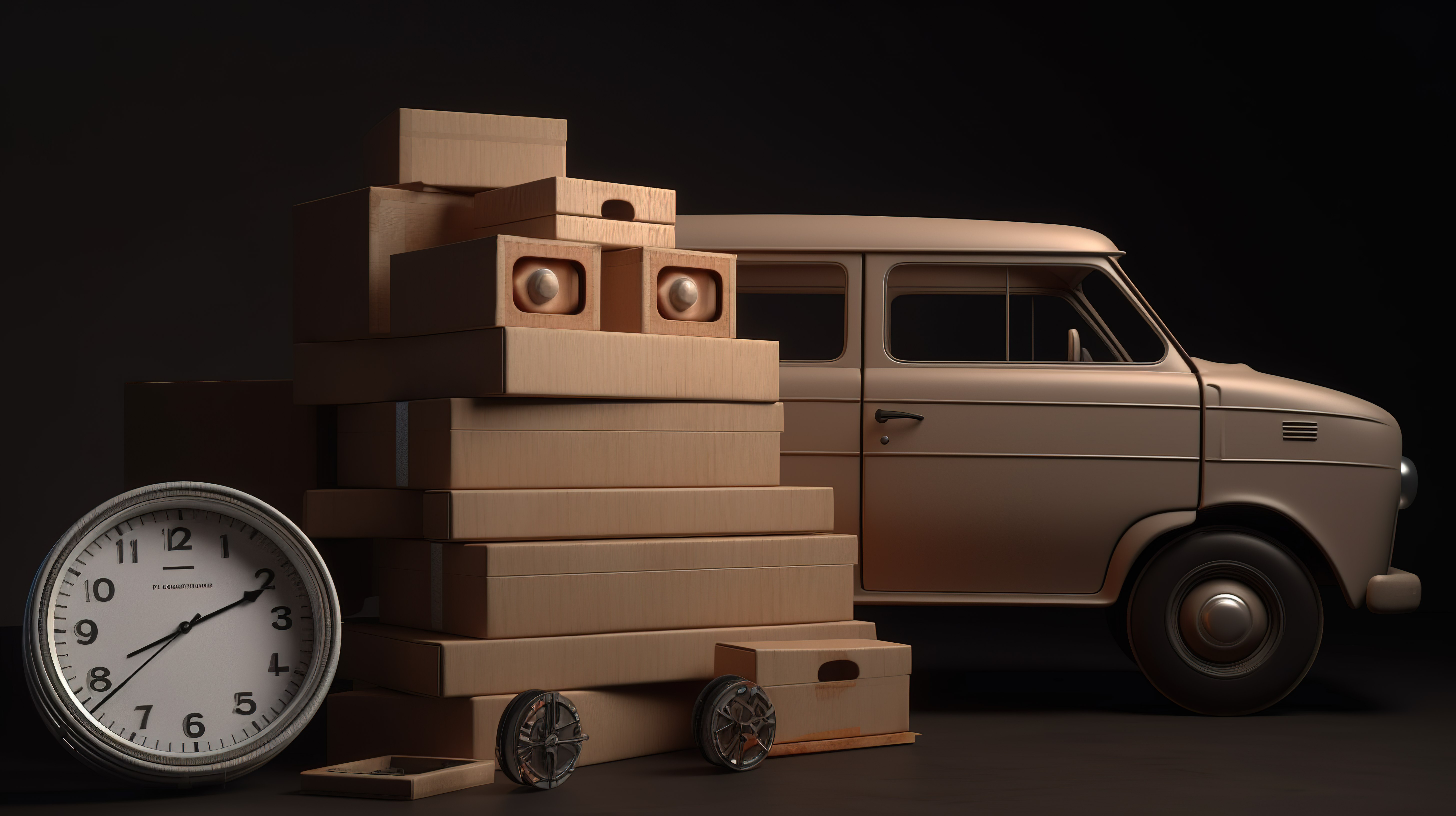 逼真的 3D 渲染中的棕色货车箱和计时器图片