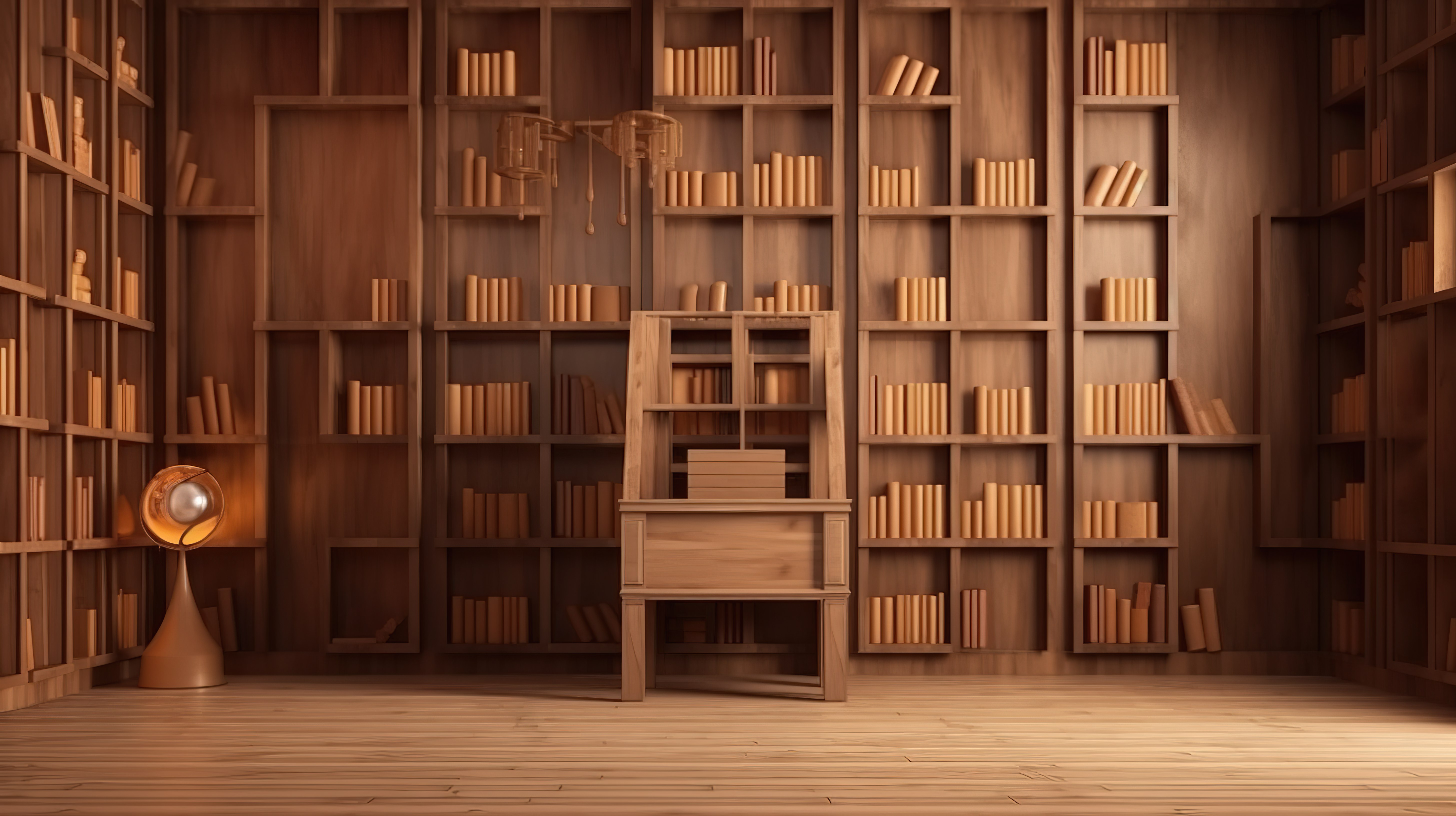 学校主题 3d 背景渲染，带有 2 个装满课本的书架和一个木制讲台图片