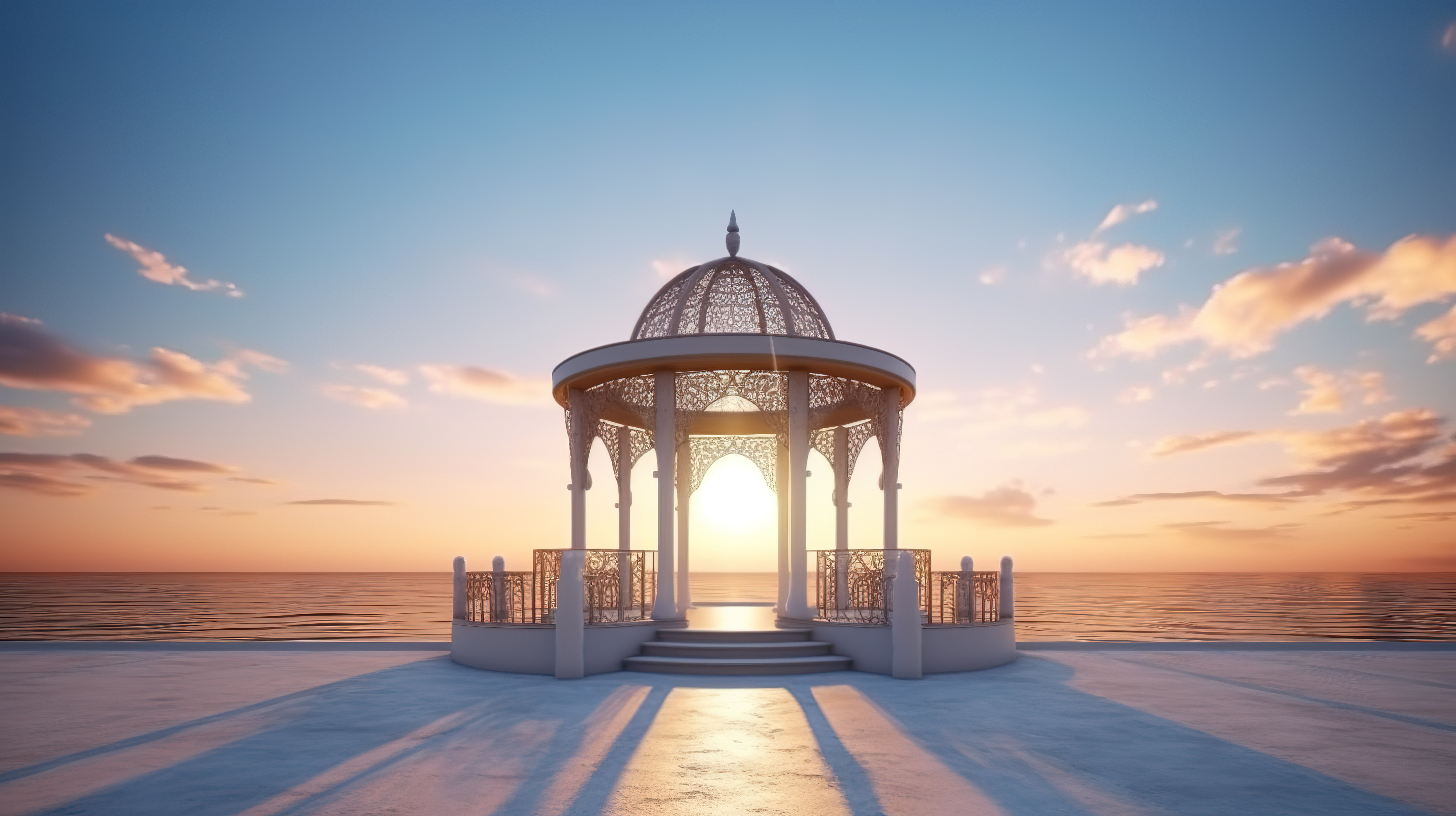3d 渲染中的婚礼亭，可俯瞰大海，令人叹为观止的日落图片