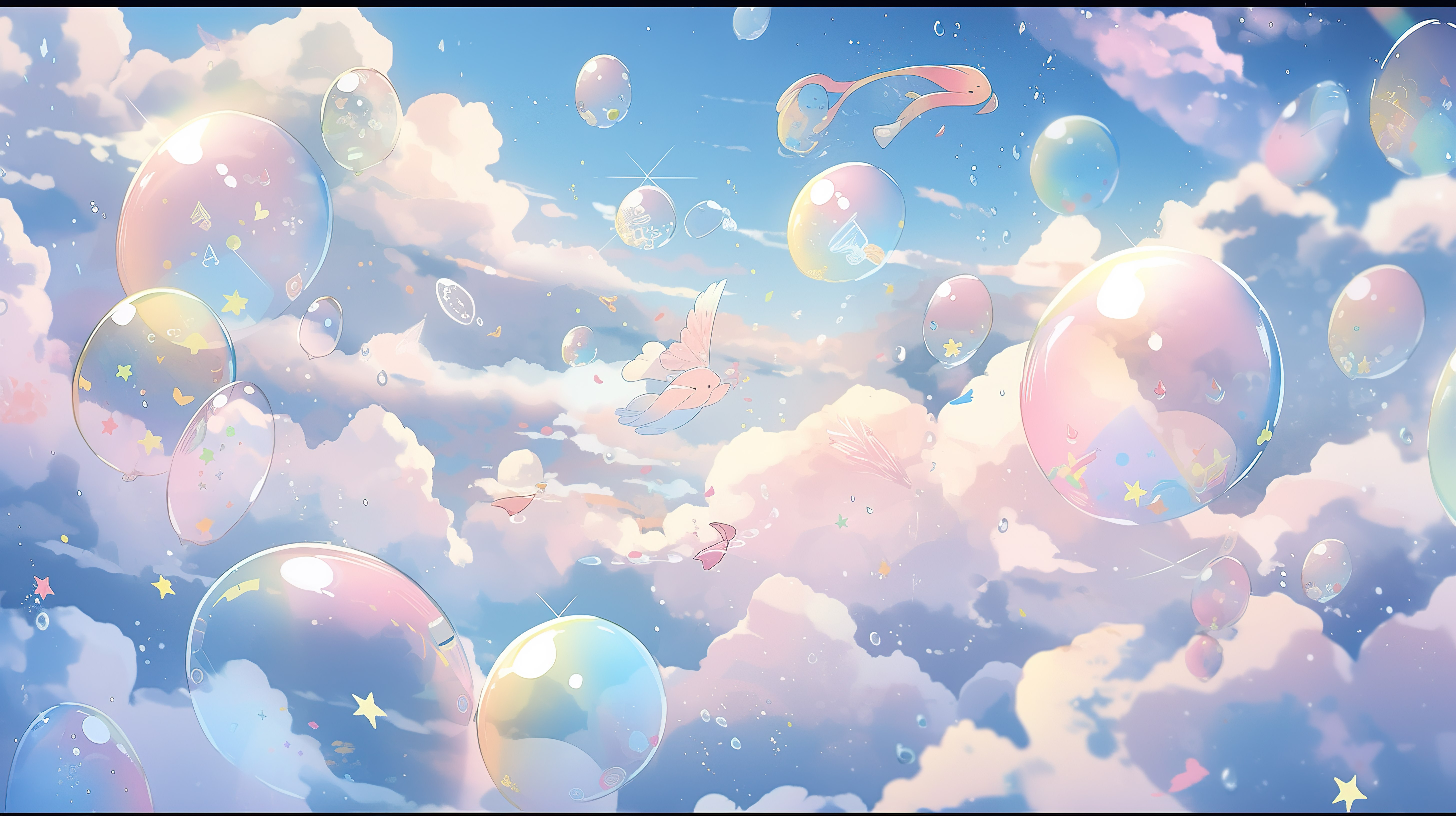 柔和的彩虹天空与云气泡和星星 3d 渲染壁纸图片