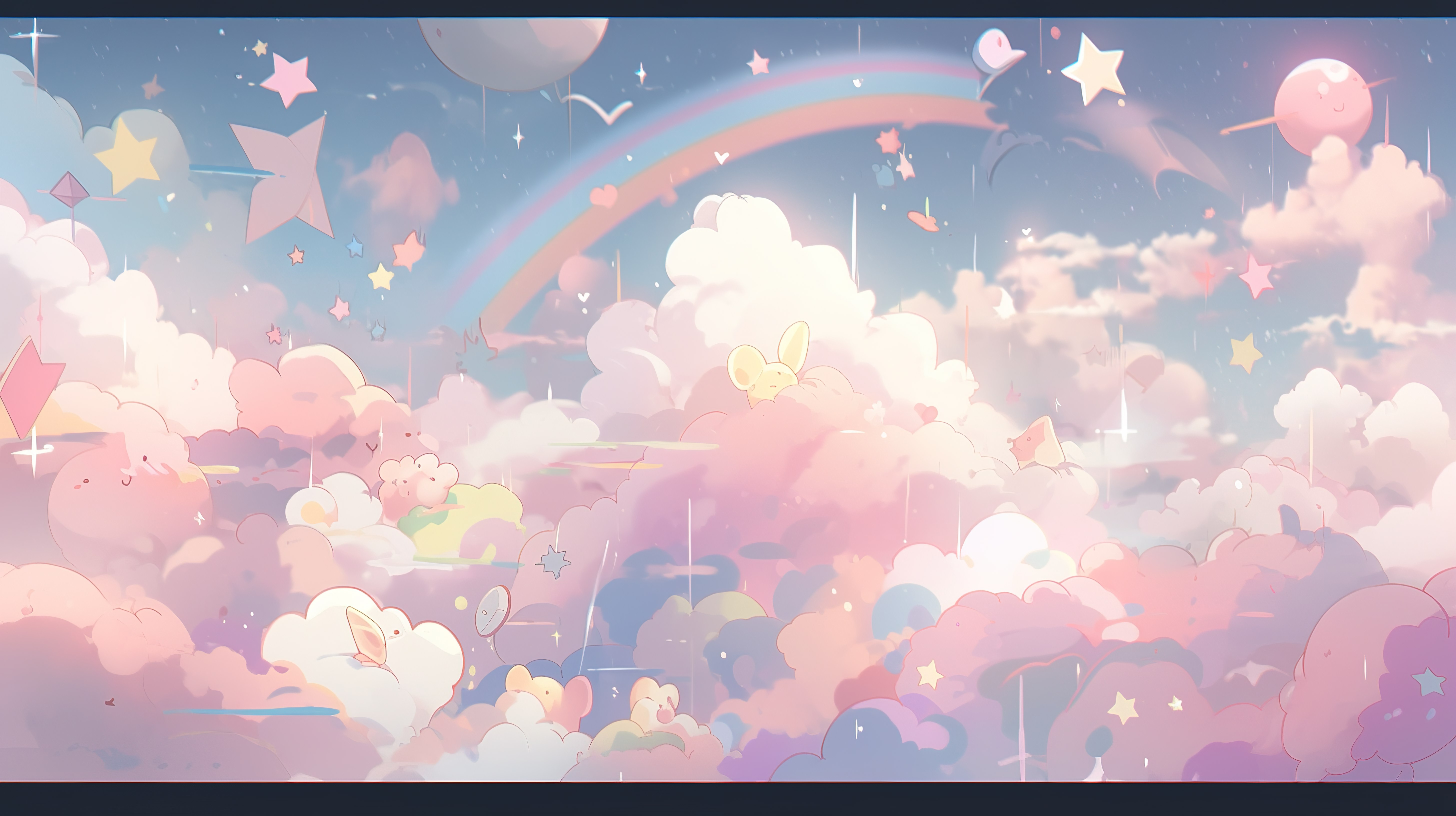 柔和柔和天空中的卡通彩虹云和星星 3d 渲染图片