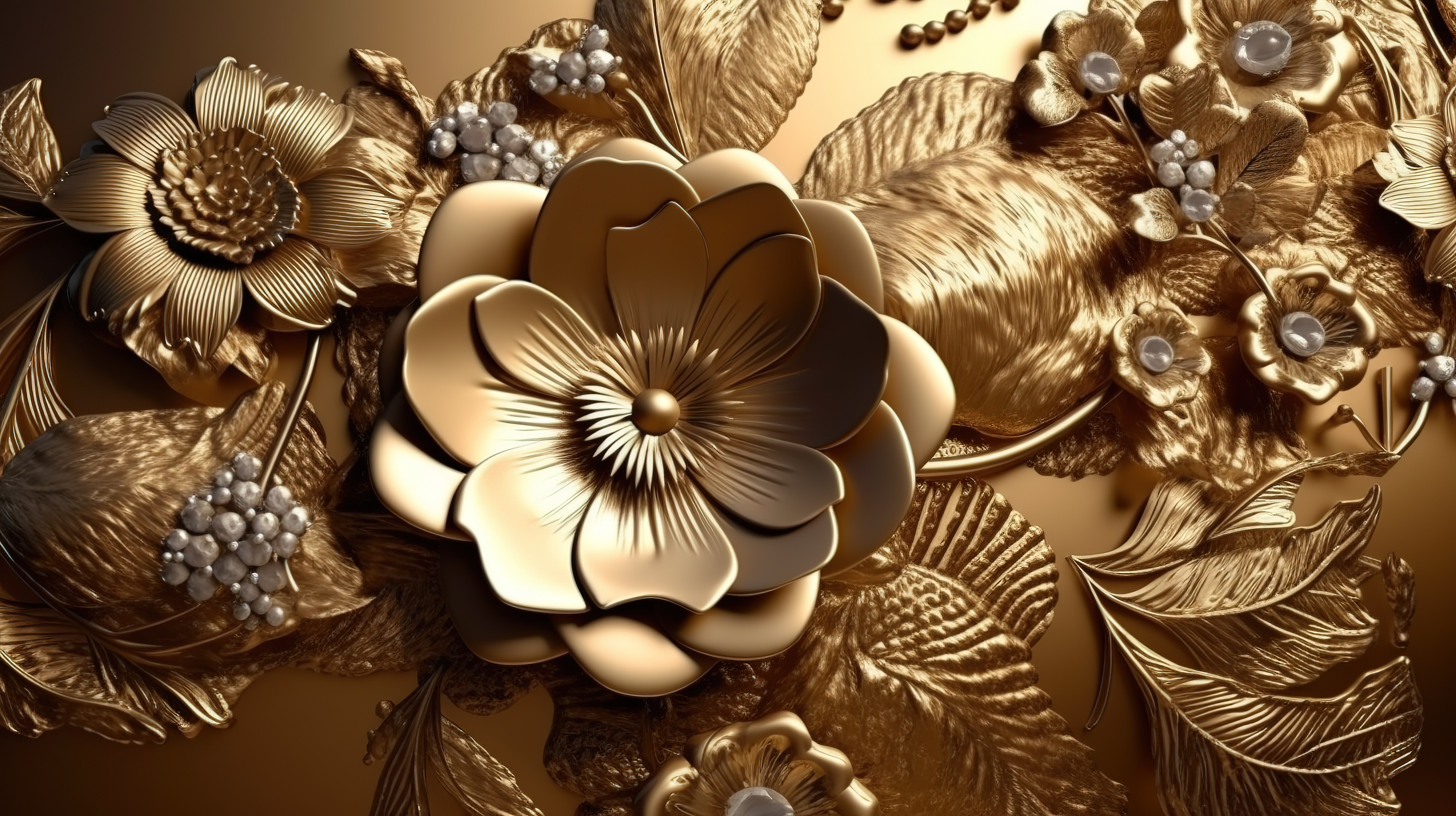 3D 经典室内空间壁纸上的金色花卉珠宝，皮革背景图片