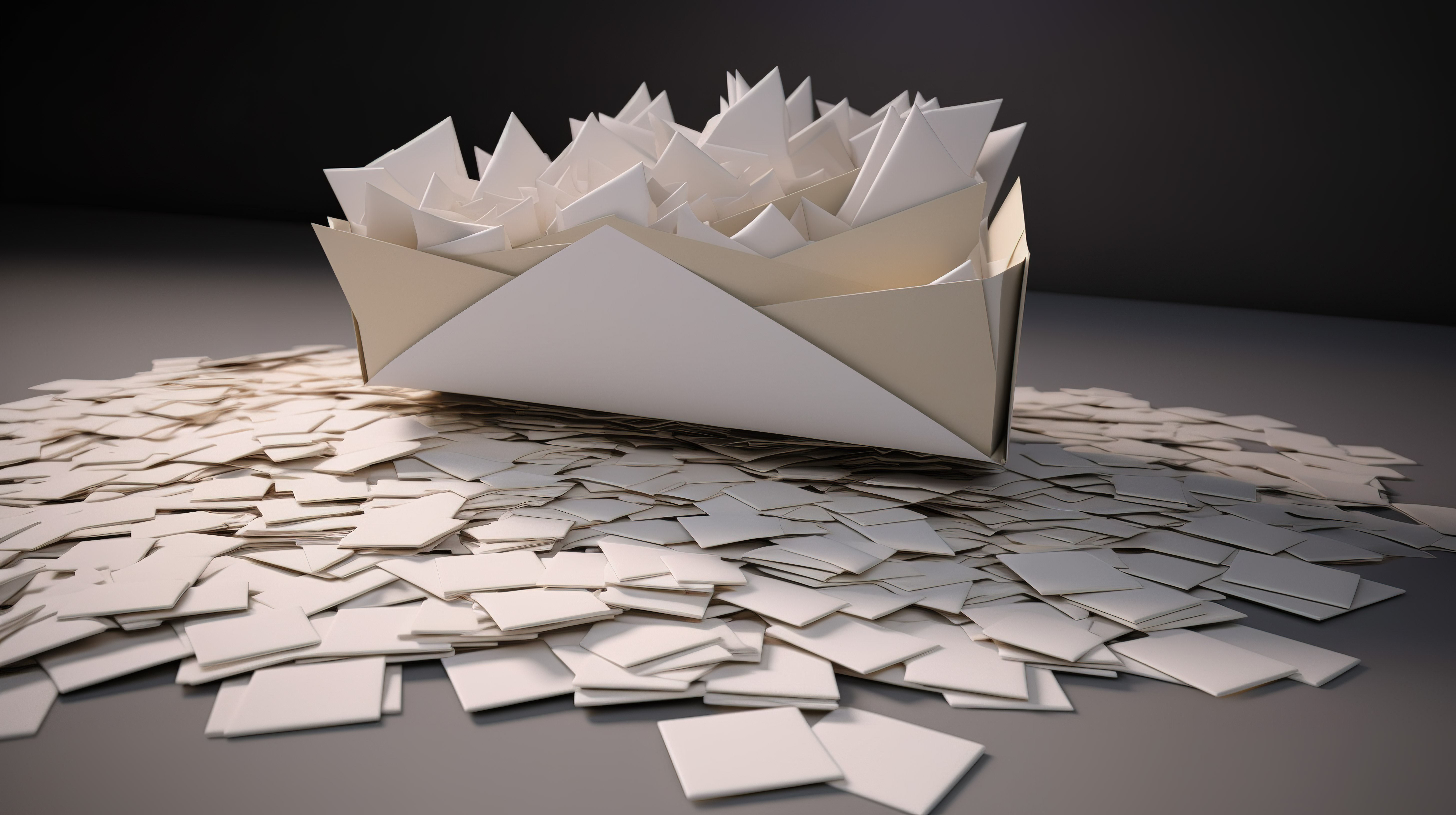 一个打开的信封和空白卡片，在一堆封闭的字母中以 3D 形式描绘图片