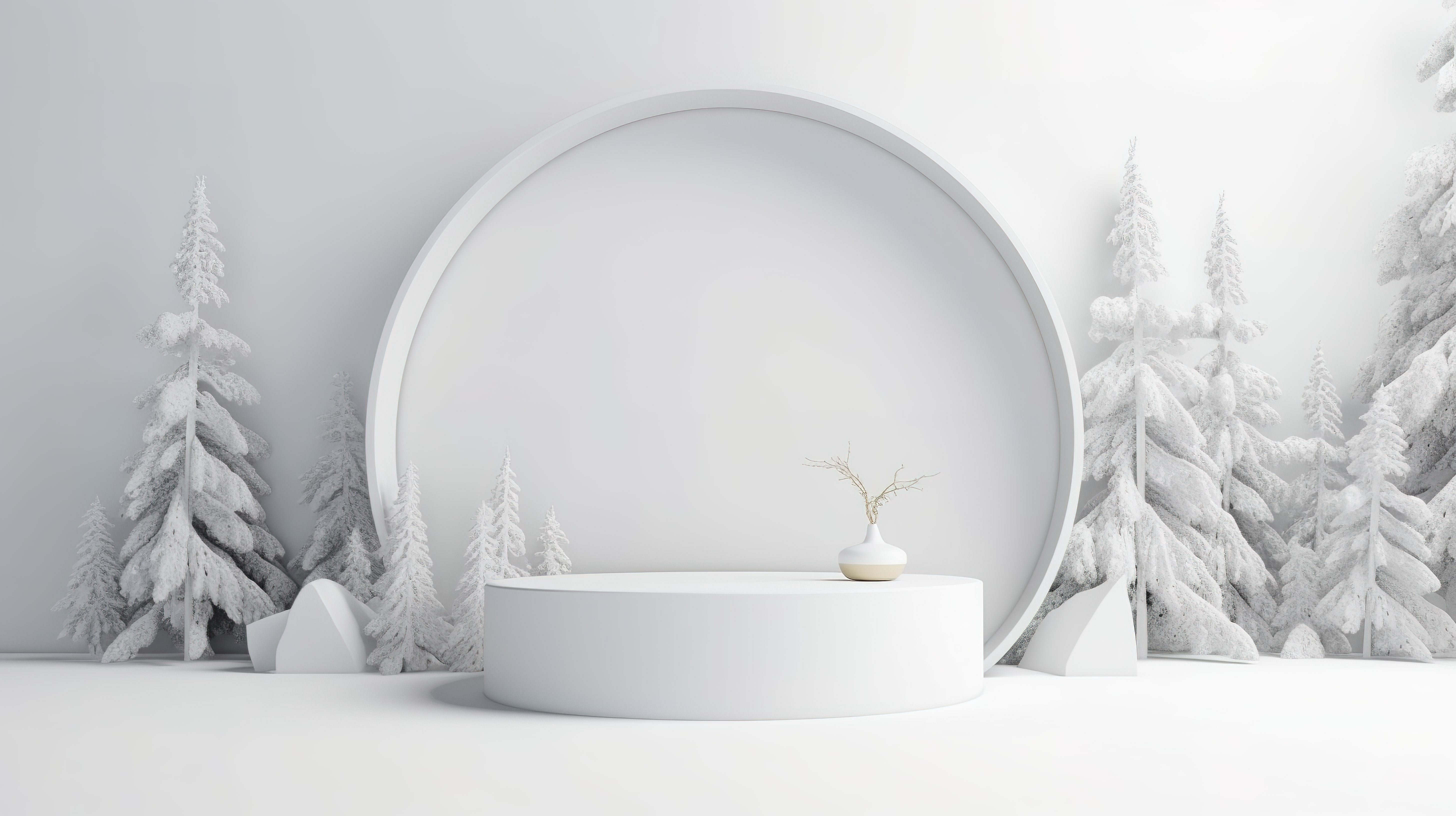 具有 3D 白色背景的最小雪舞台样机图片