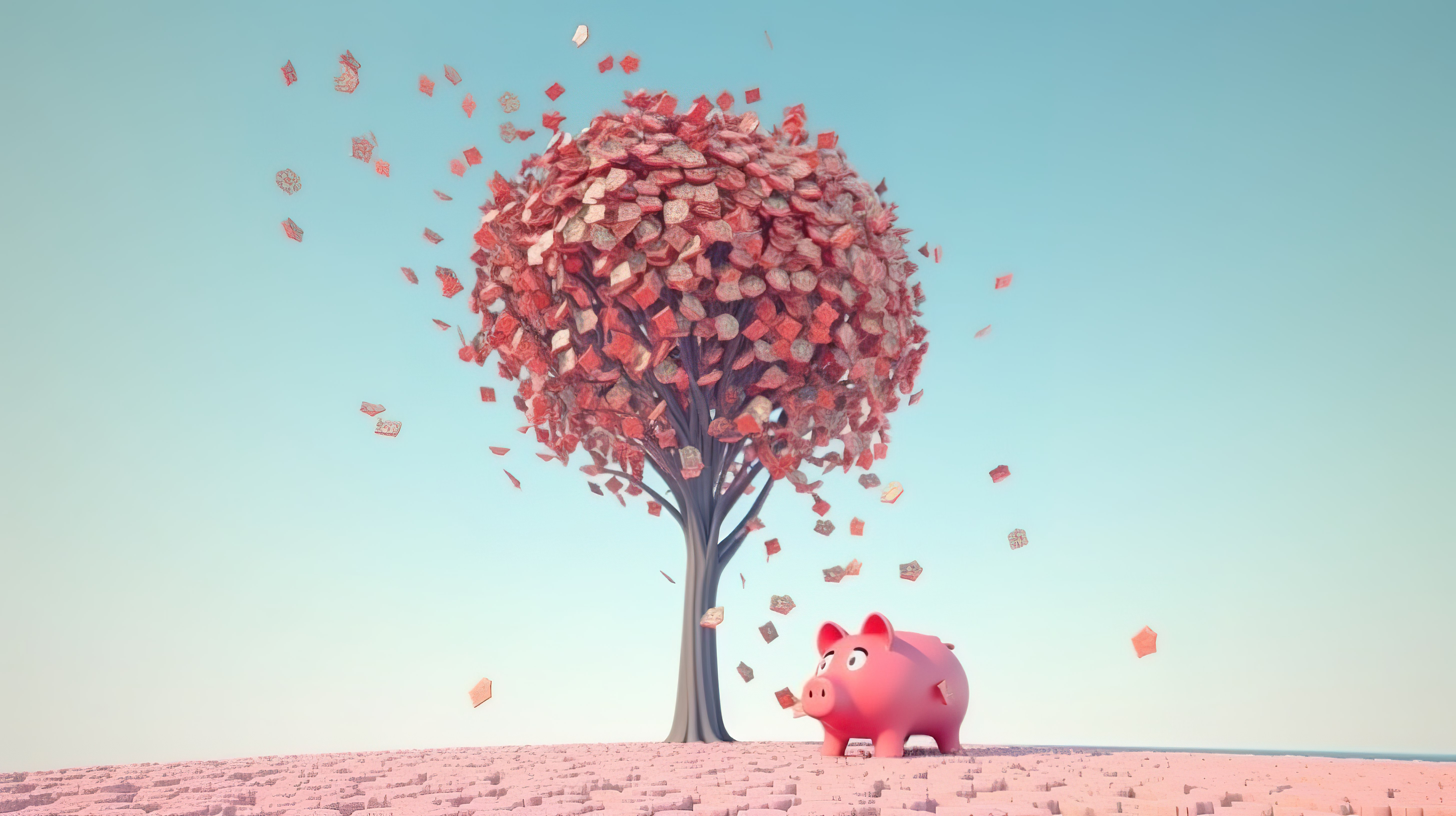 在金融储蓄概念中，一棵金钱树的插图，上面有硬币层叠下来，下面有一个粉红色的存钱罐图片