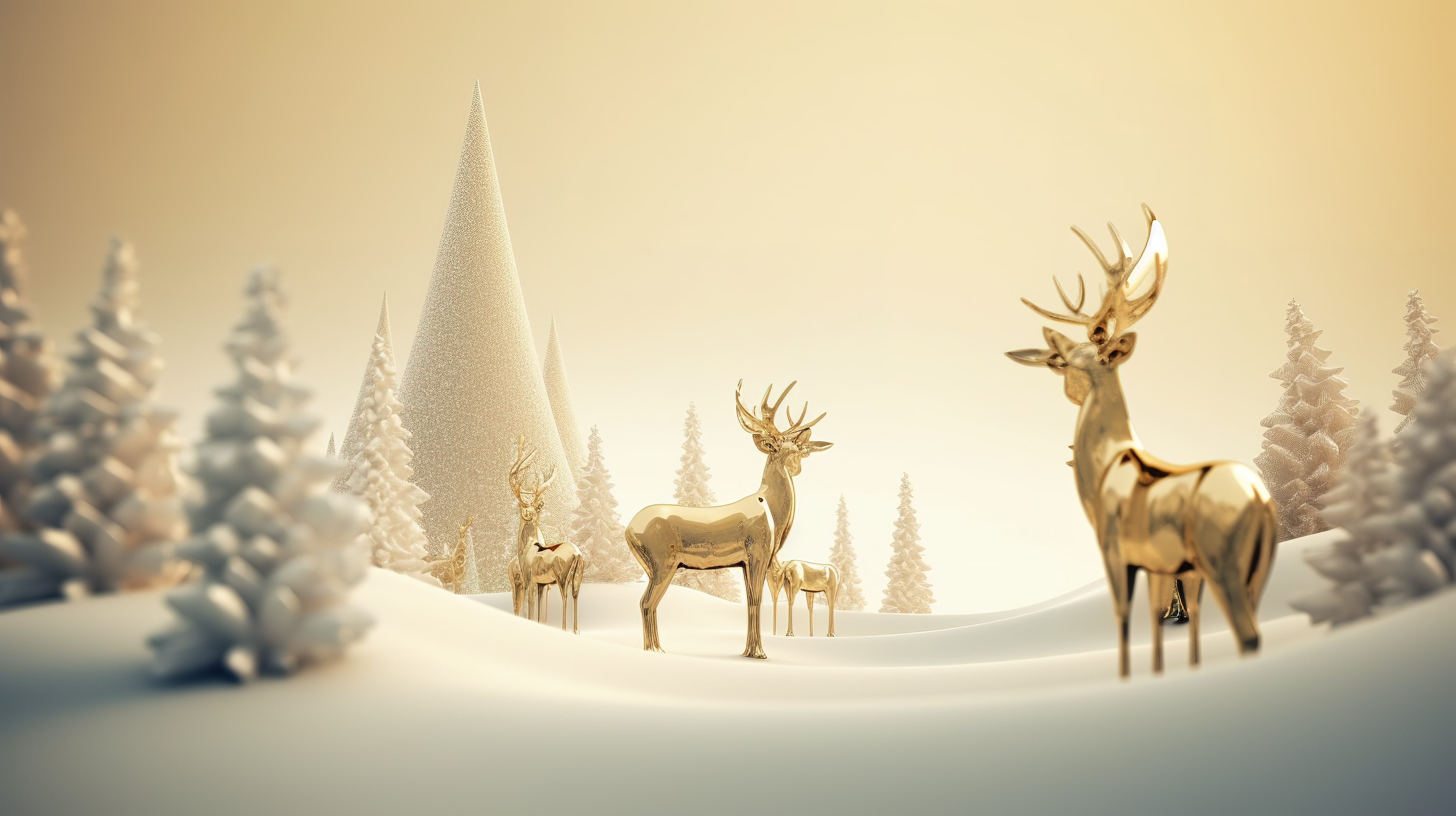 一个装饰着抽象金色圣诞树和 3D 渲染驯鹿模型的雪地基座图片