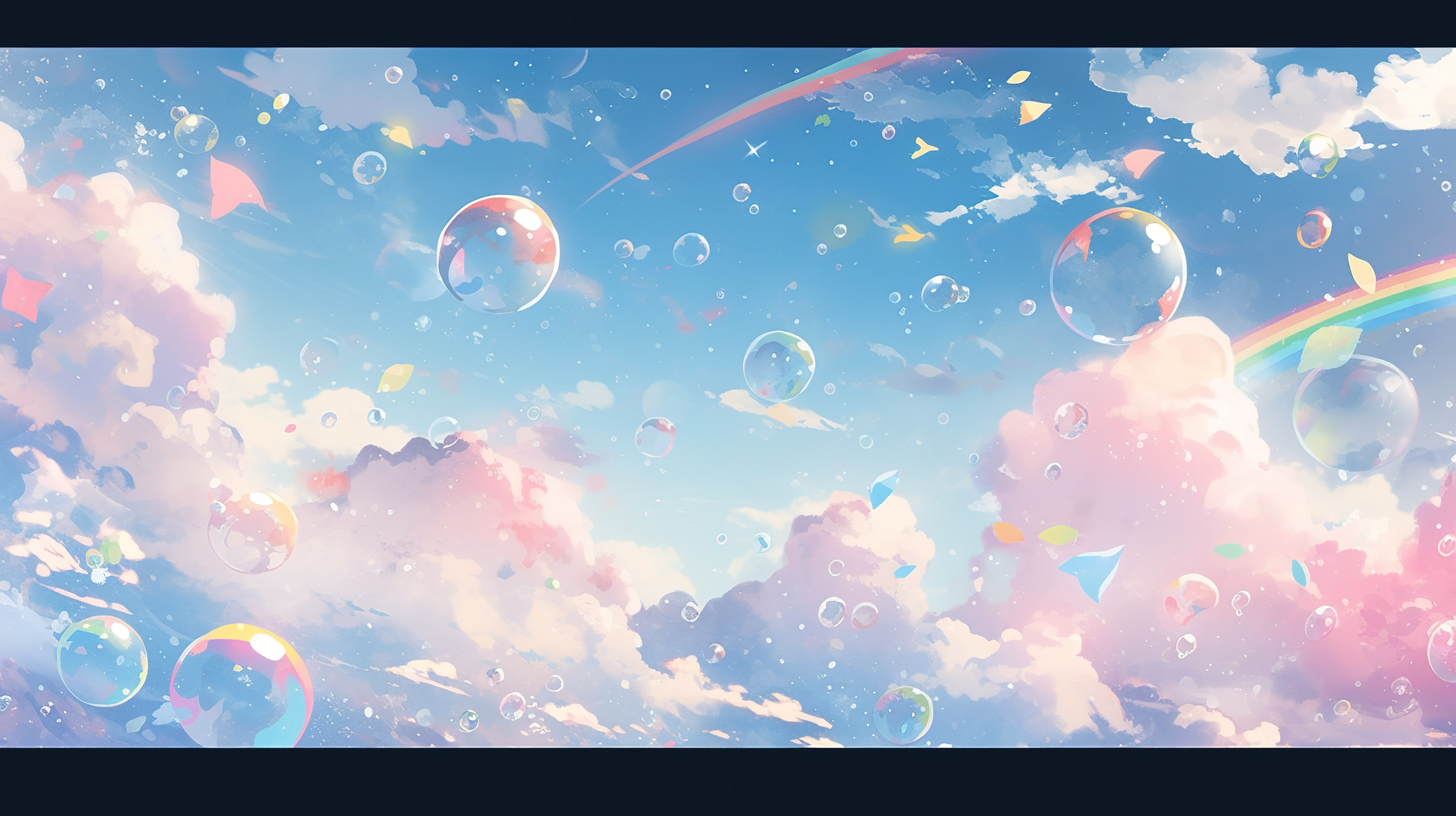壁纸以 3D 渲染的梦幻彩虹天空为特色，柔和柔和的色调装饰着蓬松的云彩气泡和星星图片