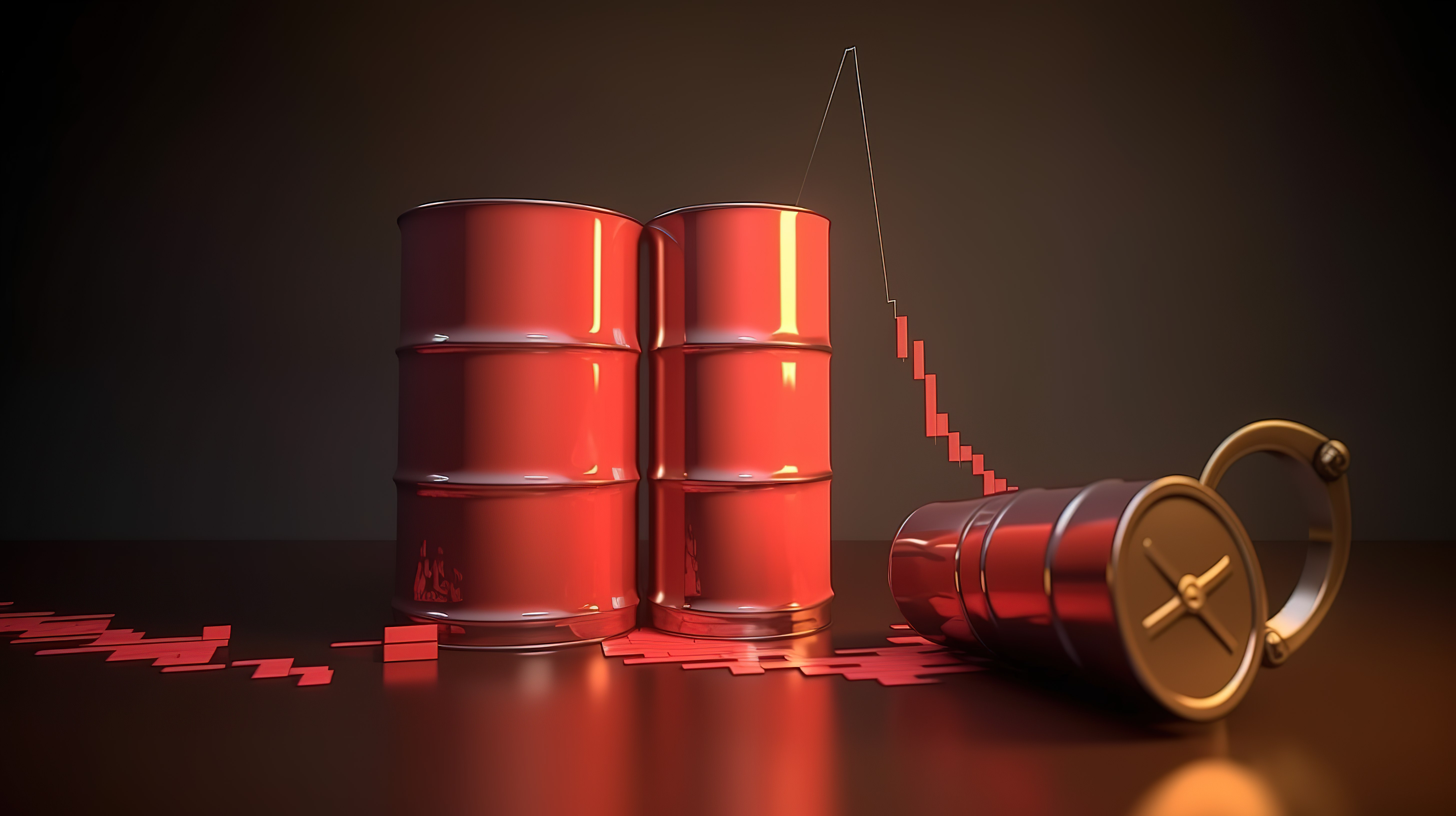 商品油股价上涨 3d 渲染现金红色图和带油桶的燃油泵喷嘴卡通风格图片