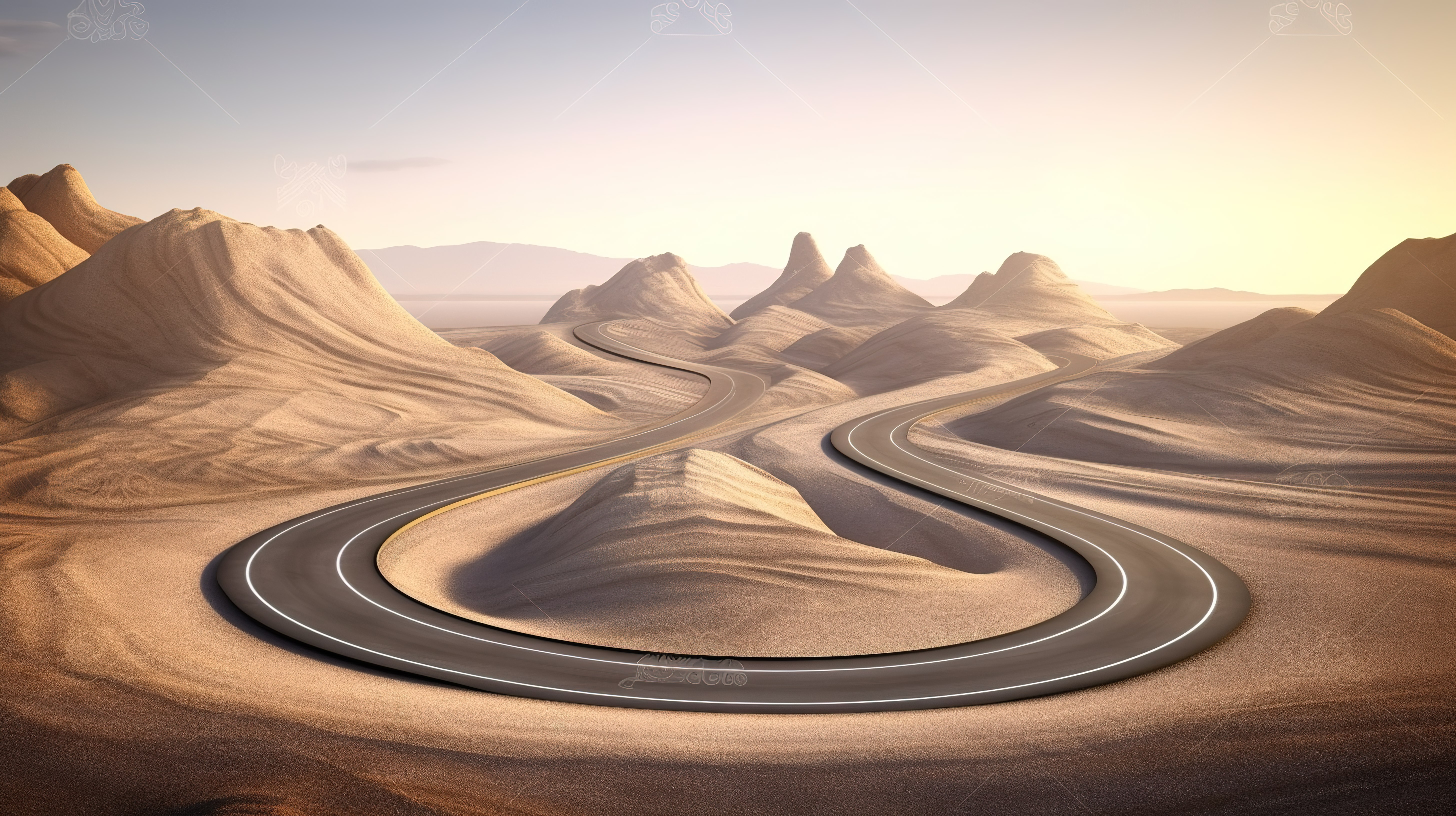 弯曲的公路旅游度假广告创意3D沙漠公路旋向远方插画图片