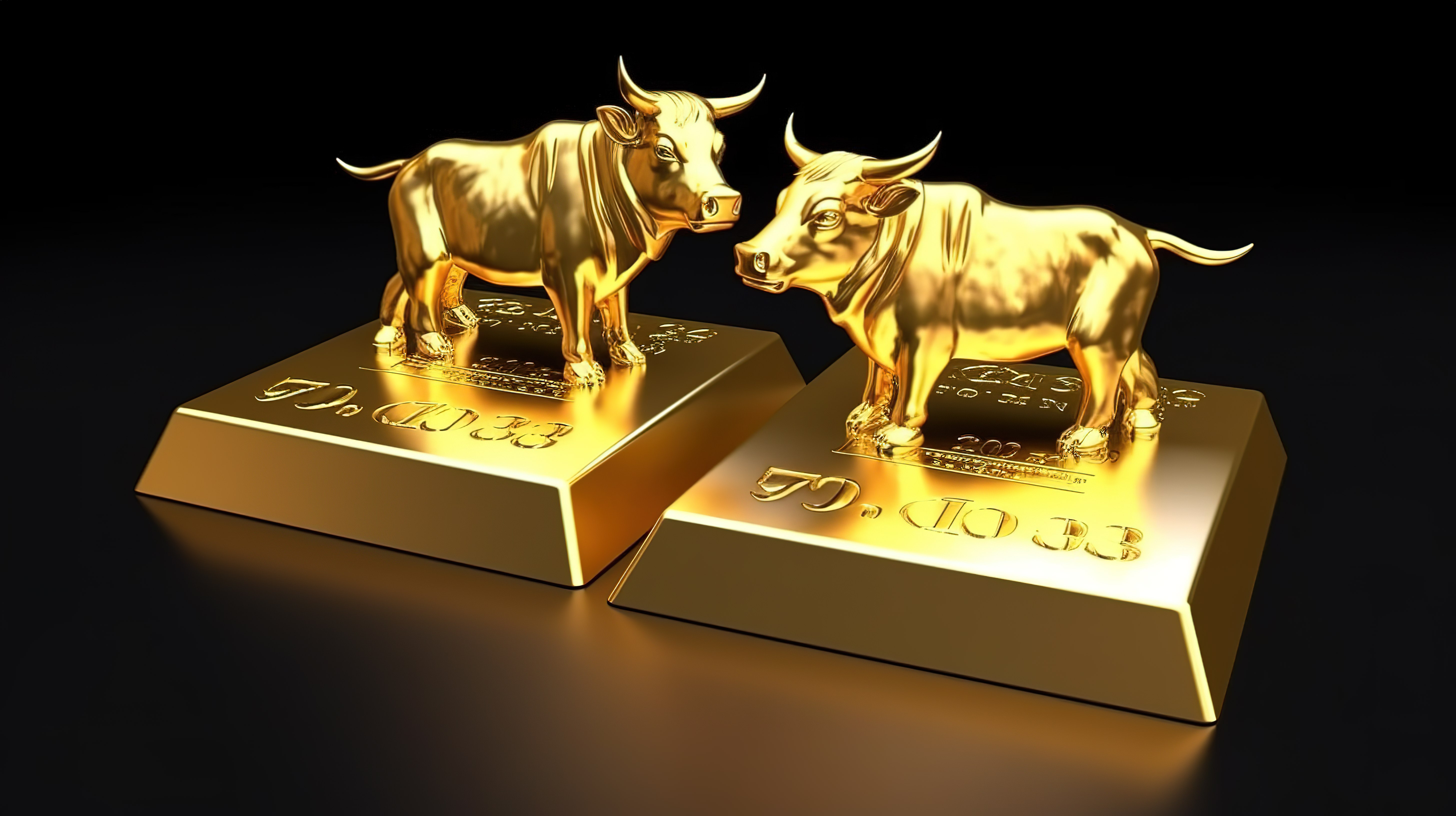 一堆金条的 3d 渲染，其中有两条带牛生肖符号的金条图片