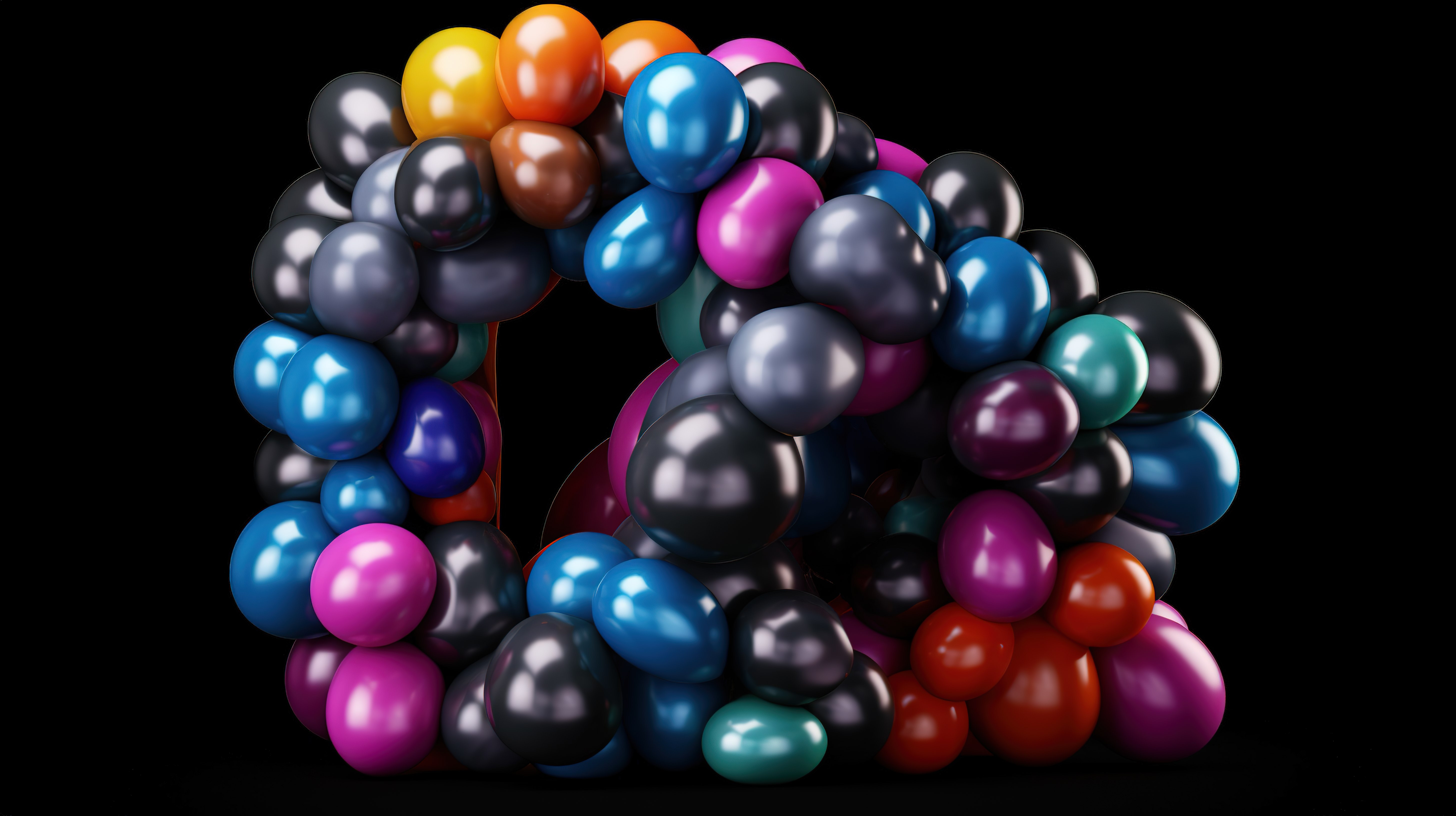 2 型高贵彩虹气球的 3D 插图隔离在黑色背景上，包含从 a 到 z 的所有 26 个字母图片