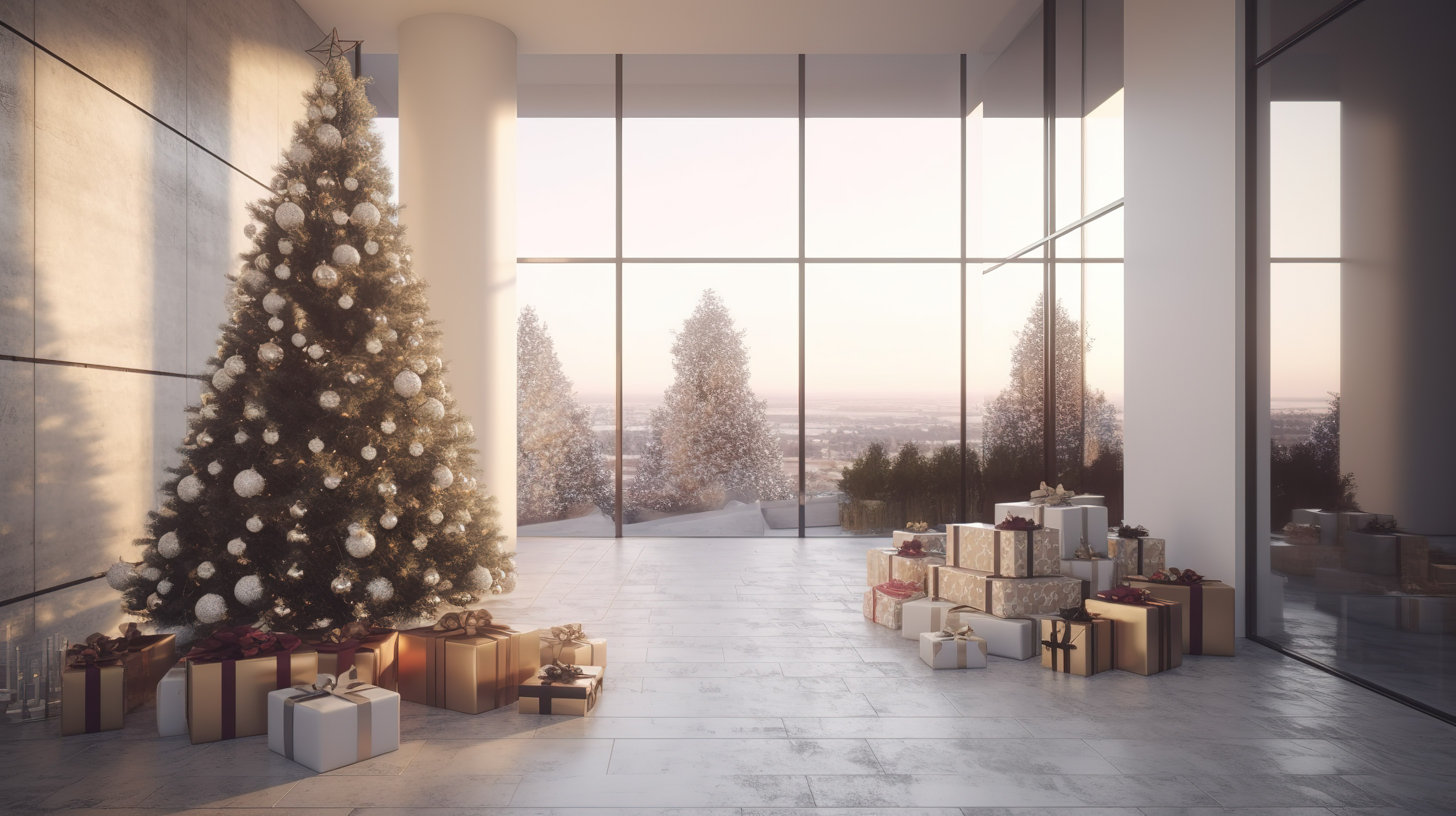 现代住宅宽敞的庭院装饰着圣诞树和 3D 渲染的礼物图片