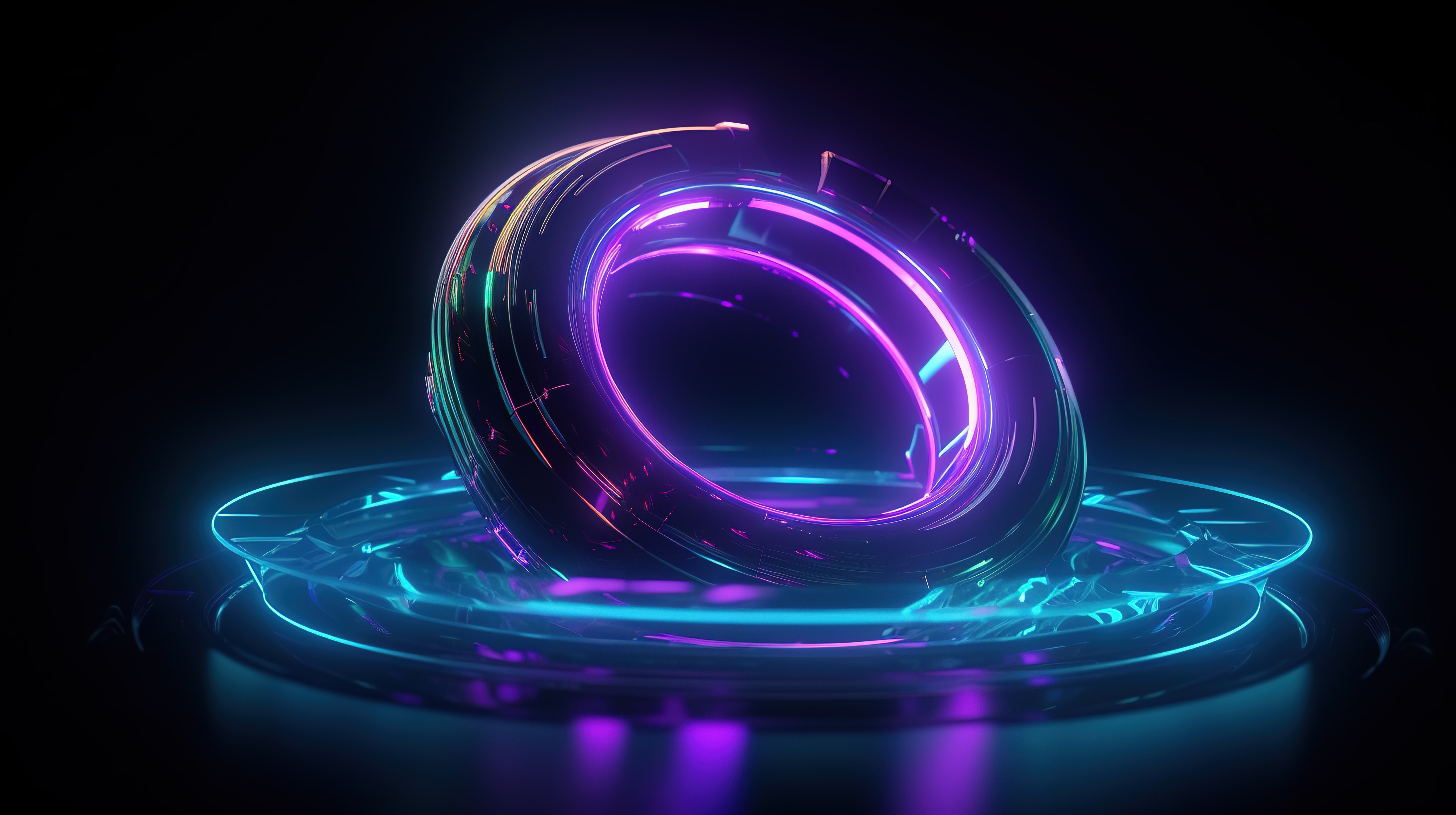 具有抽象缩放圆和宇宙飞船概念的深蓝色紫色背景上的未来派高速灯光显示发光的霓虹灯环图片