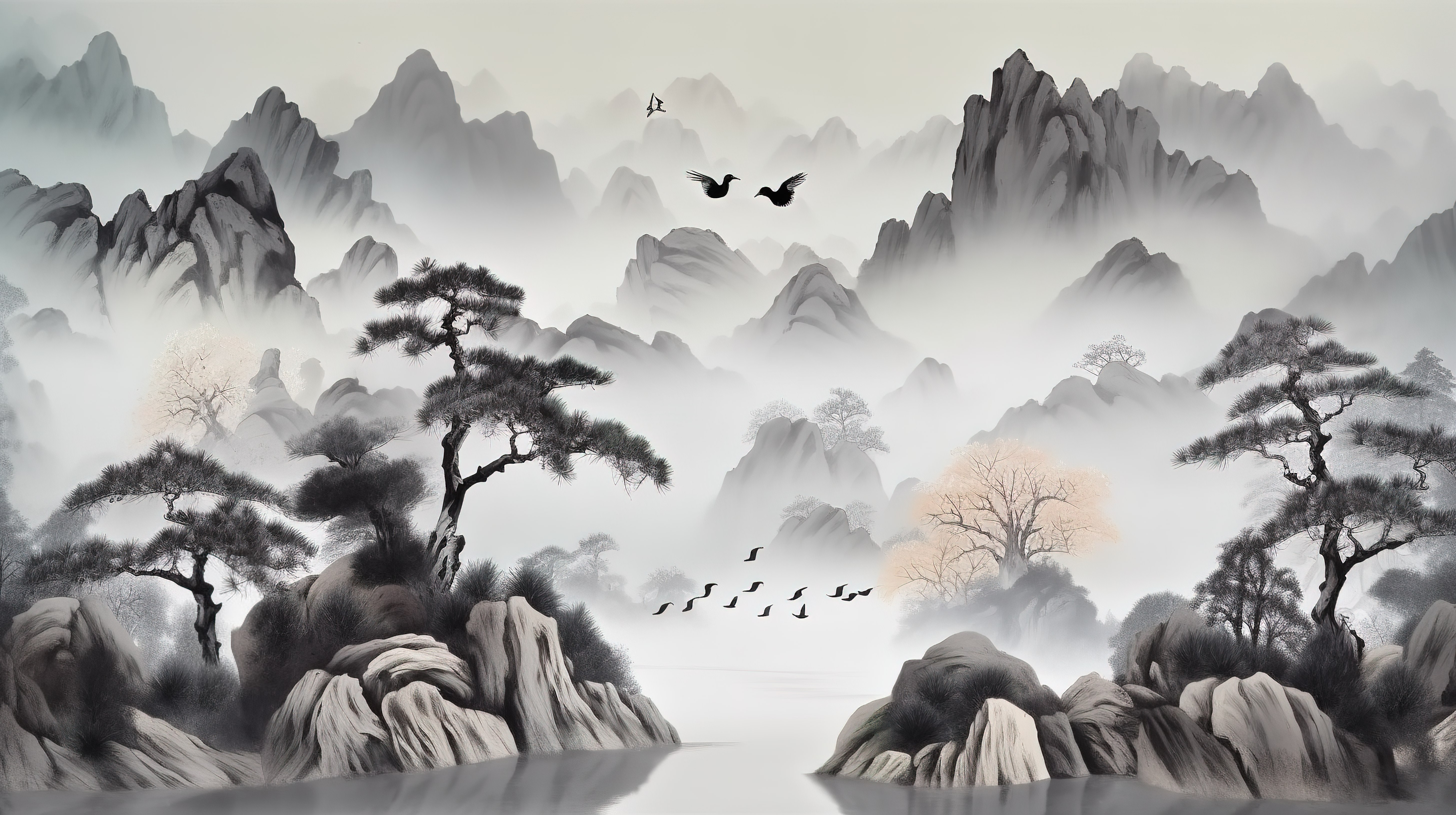 灰色画布上风景秀丽的 3D 中国风景，配有圣诞树鸟山和白云图片