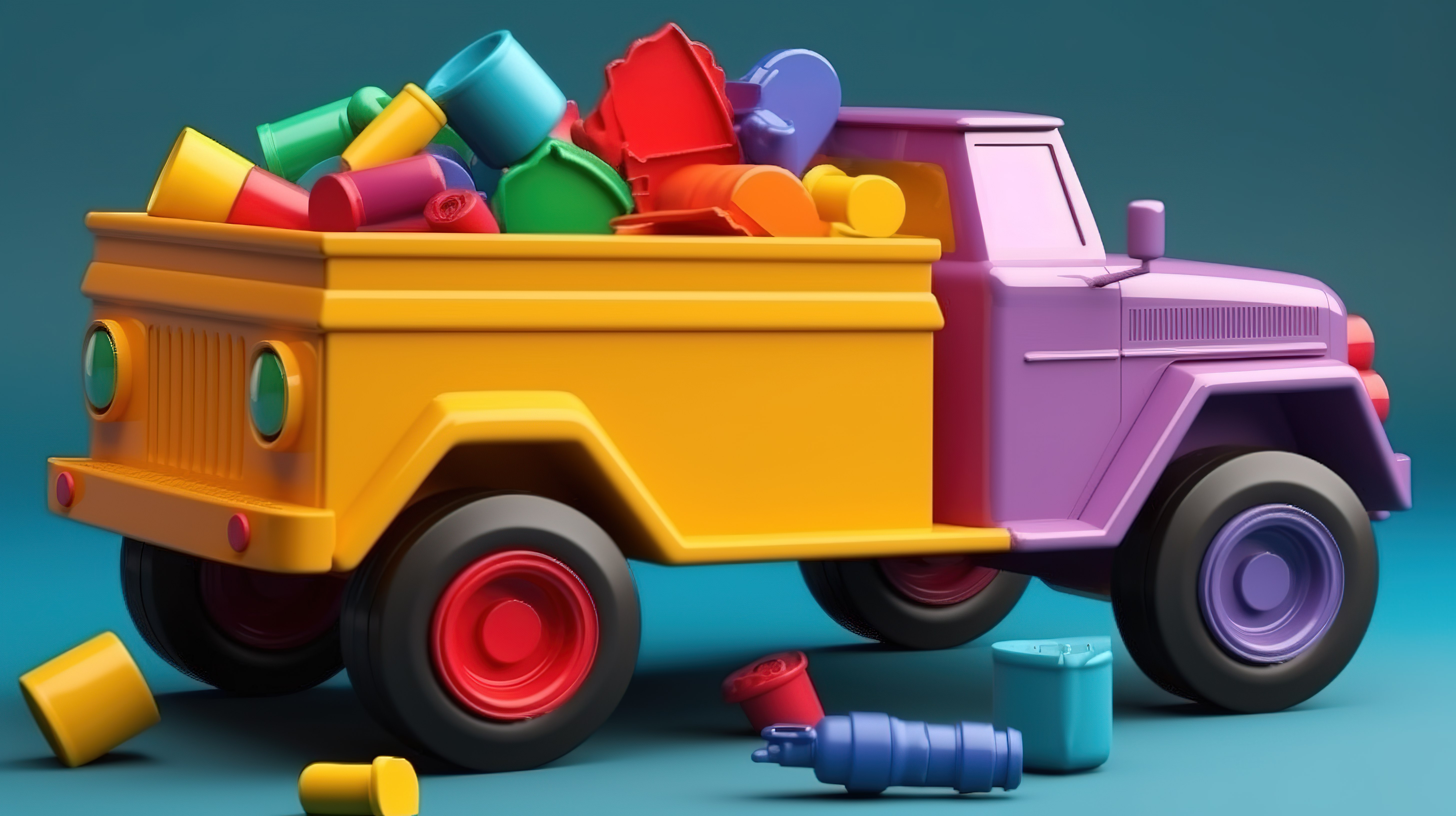 充满活力的 3D 渲染儿童玩具，包括彩色敞篷自卸卡车和起重机玩具车图片