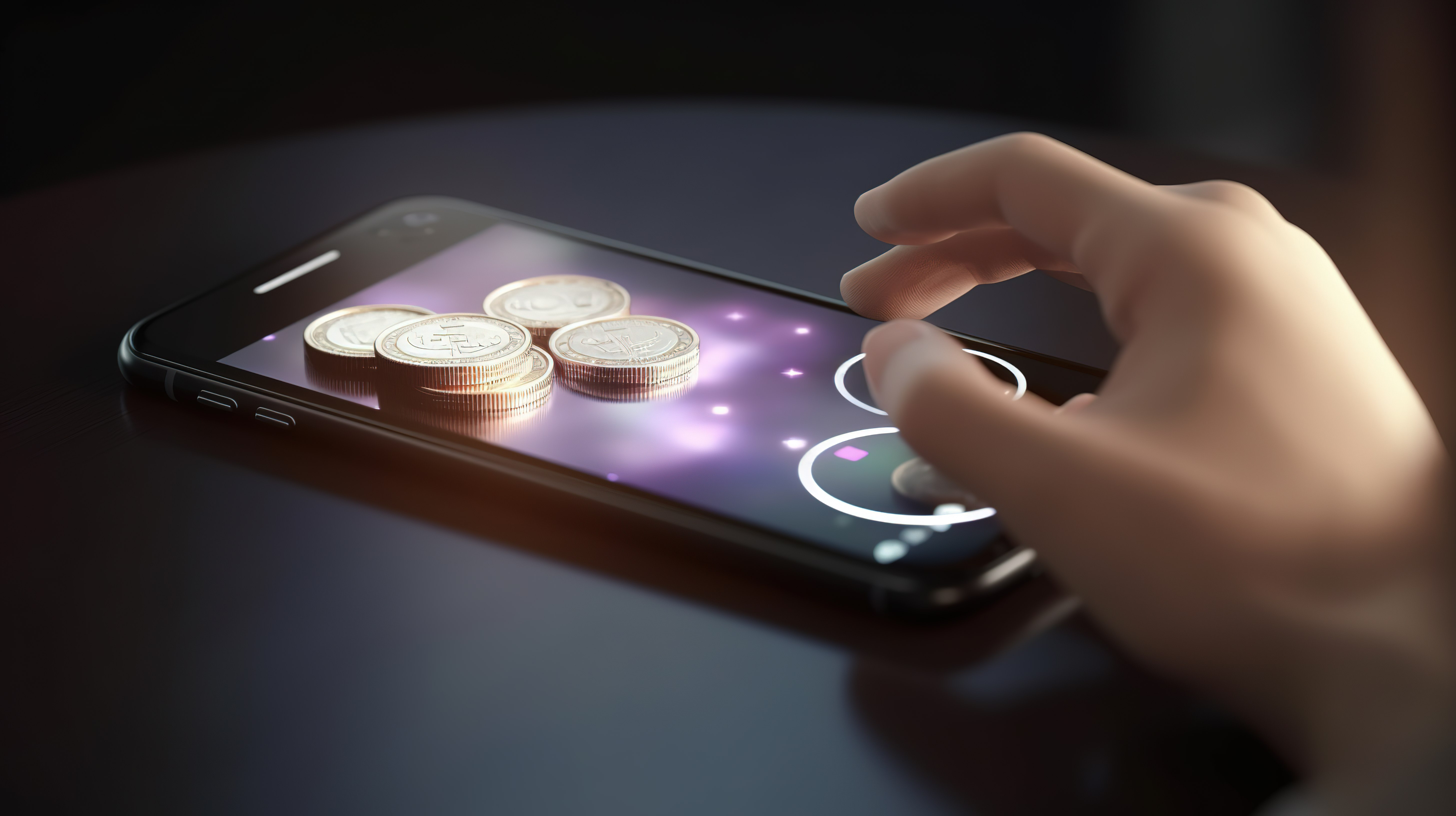 拿着硬币和智能手机的卡通手的 3D 渲染，描绘了在线支付服务的省钱和投资图片