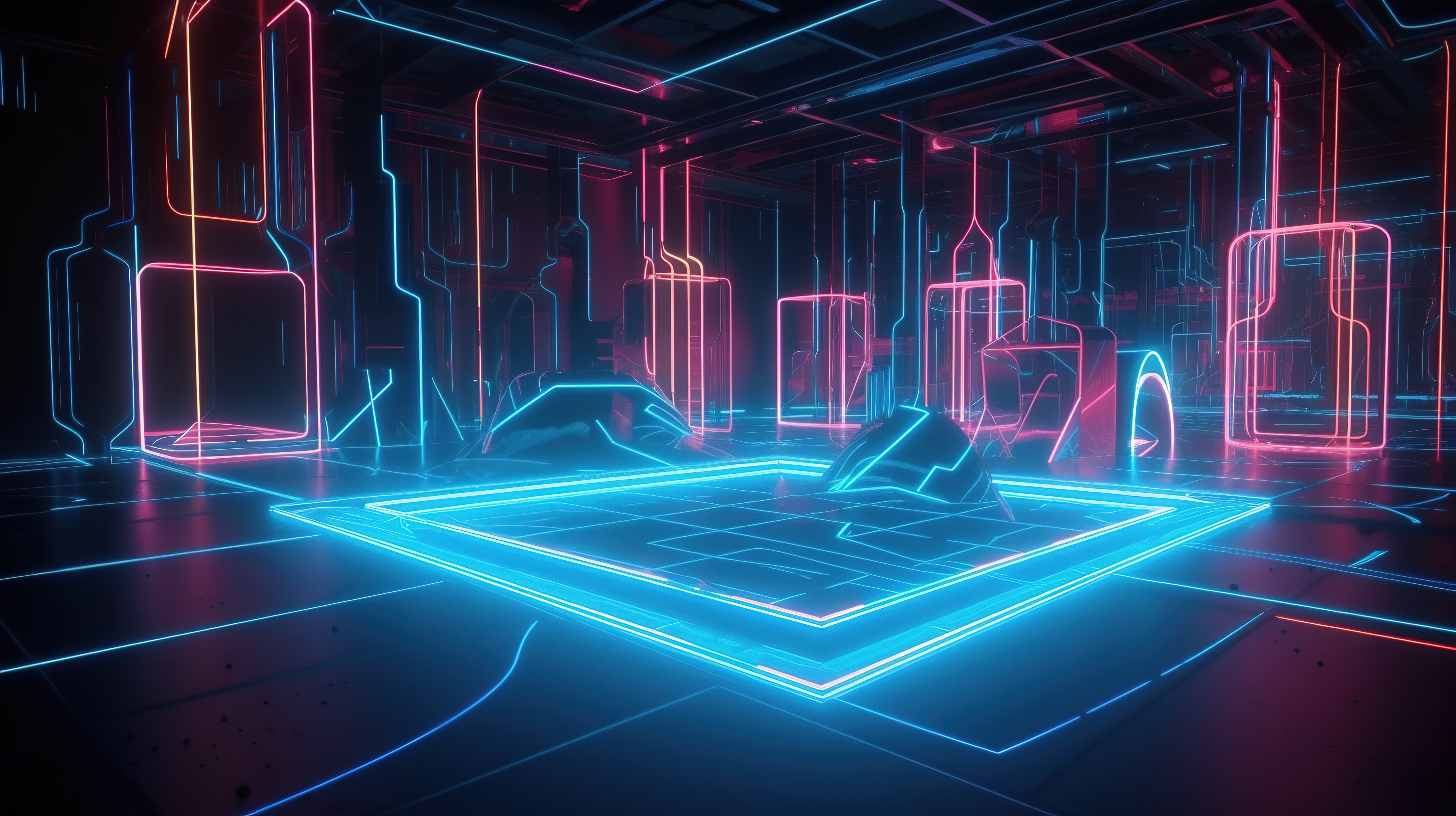 科幻霓虹仙境沉浸式 3D 渲染，蓝色和粉红色的线框地板与发光的柱子图片