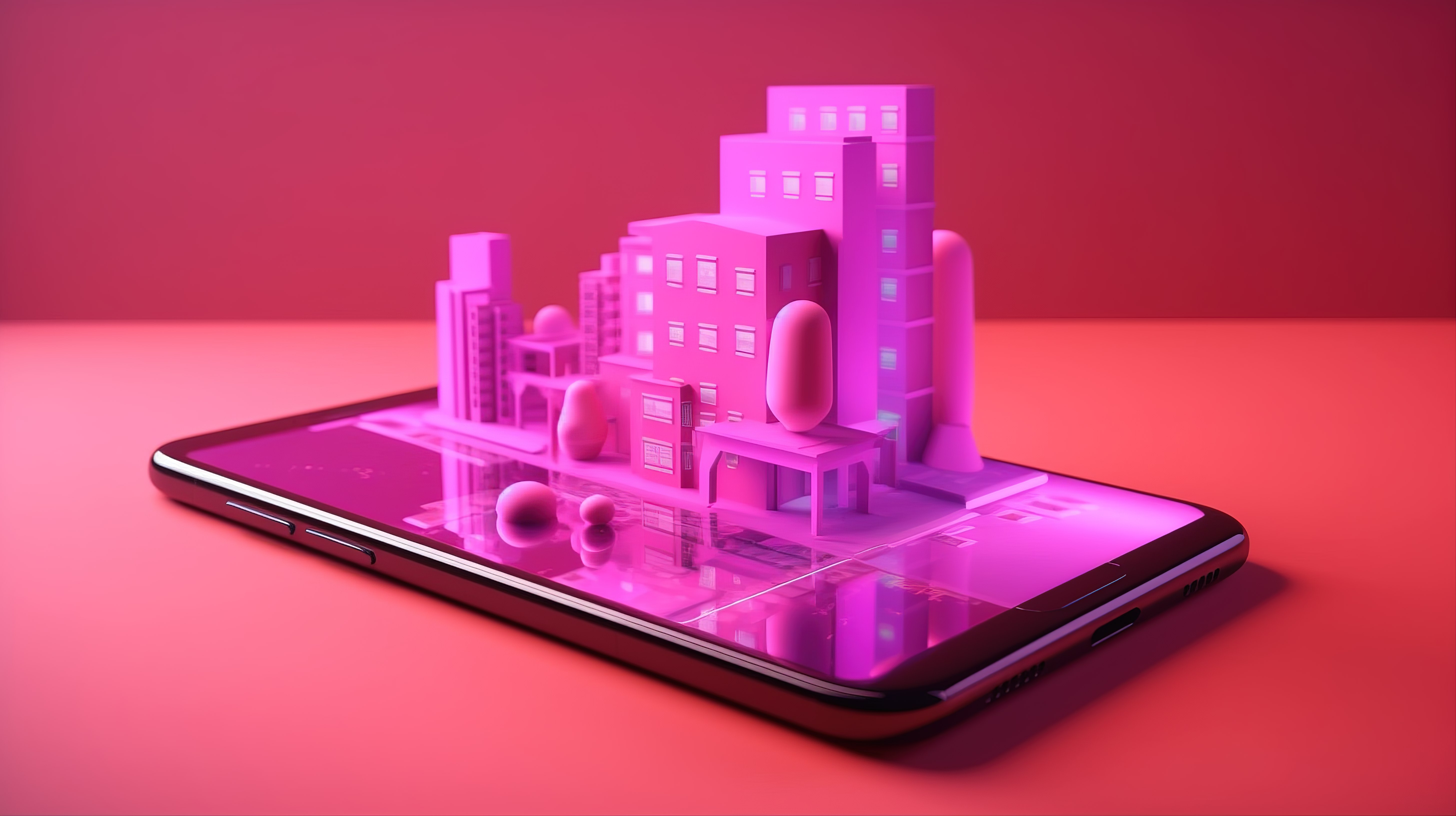 充满活力的粉红色和紫色背景，以手机屏幕上的元宇宙虚拟世界和数字虚拟技术的 3D 渲染为特色图片